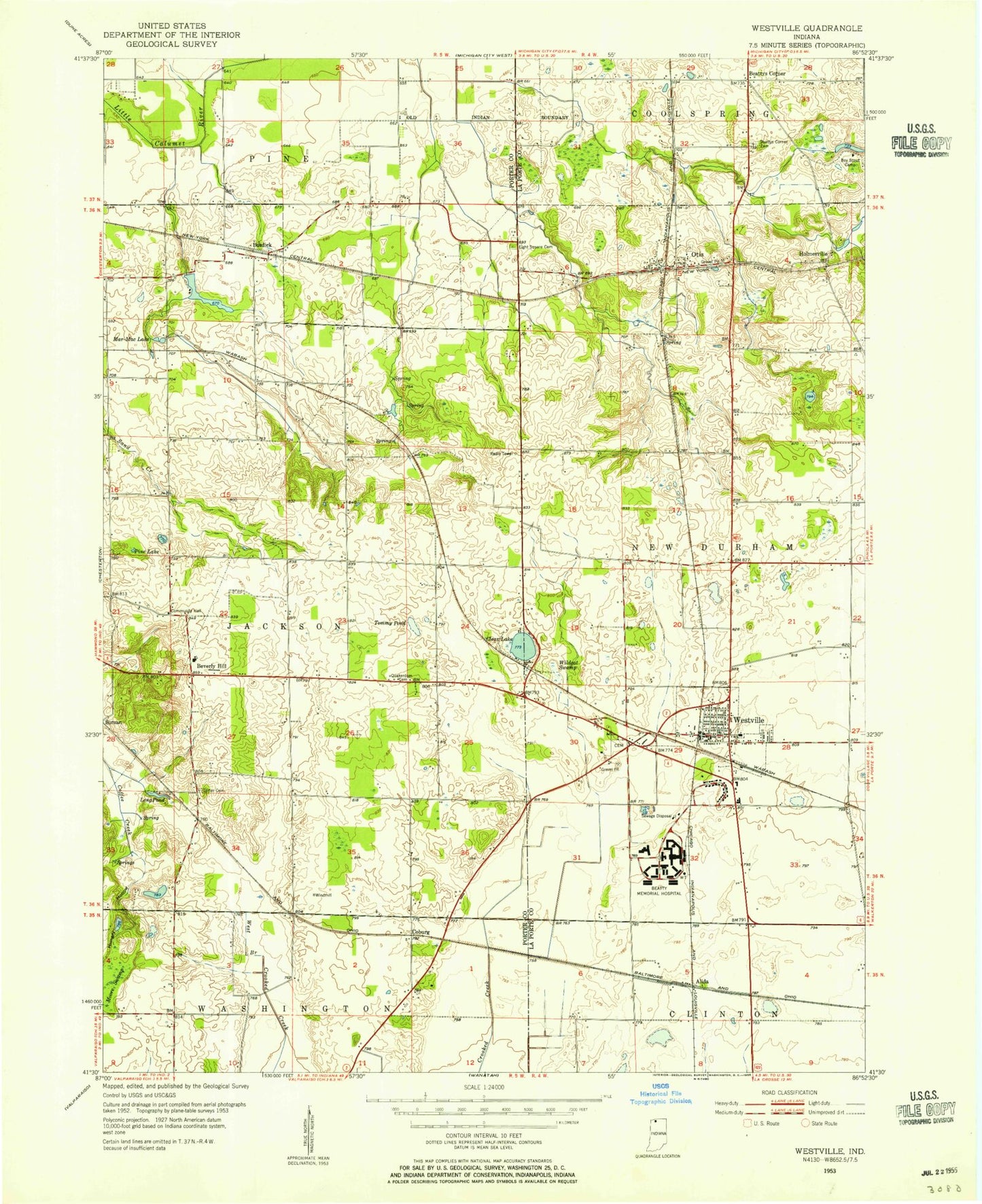 Classic USGS Westville Indiana 7.5'x7.5' Topo Map Image