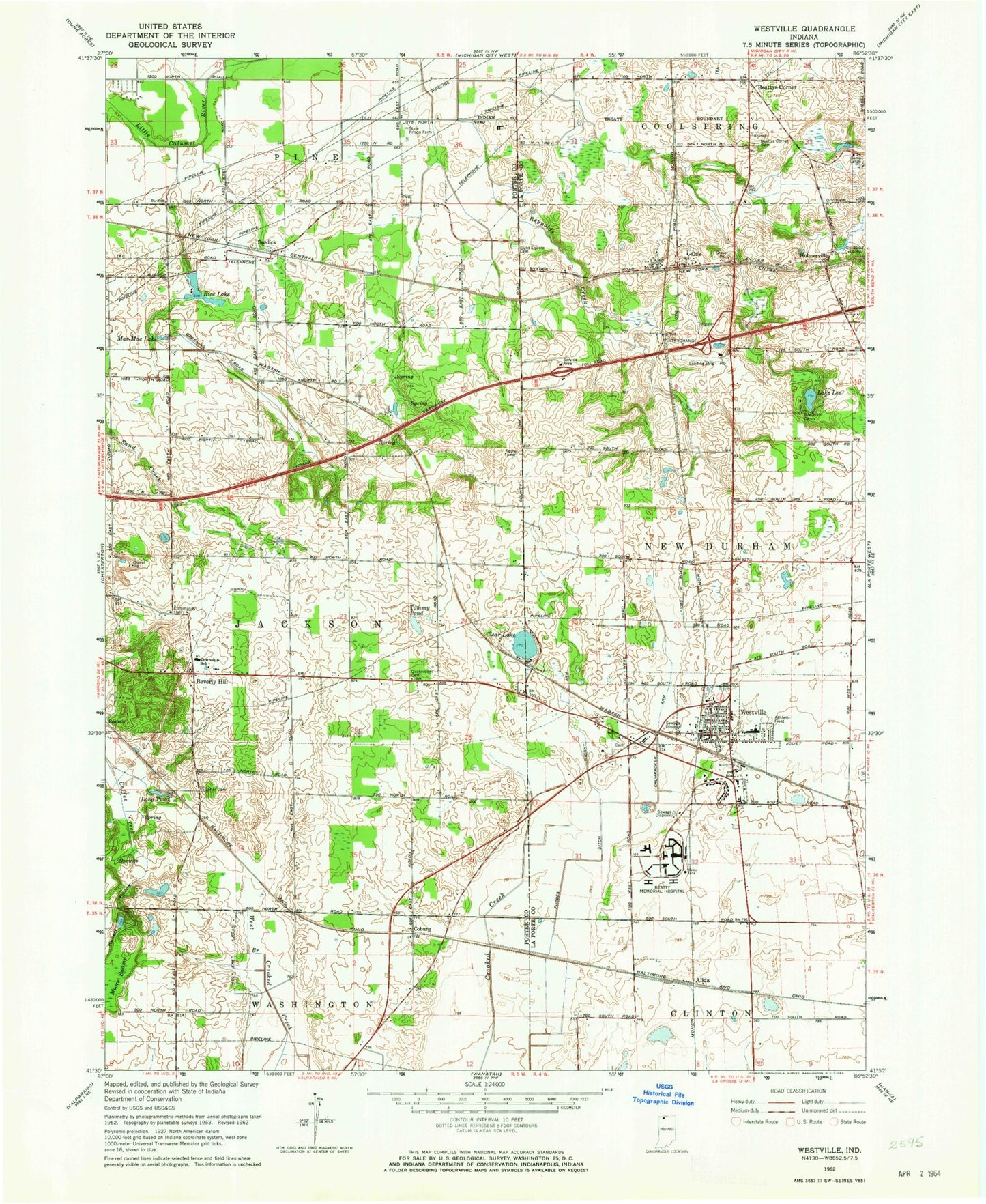 Classic USGS Westville Indiana 7.5'x7.5' Topo Map Image