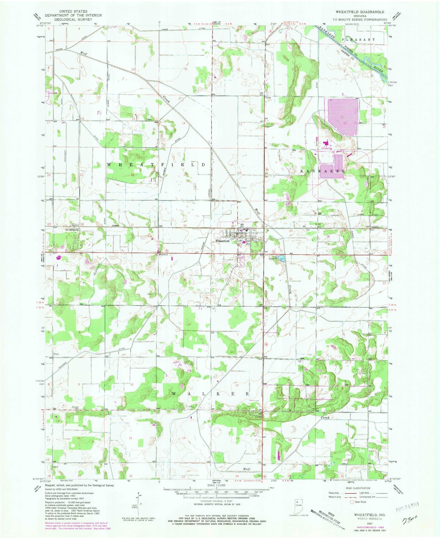 Classic USGS Wheatfield Indiana 7.5'x7.5' Topo Map Image