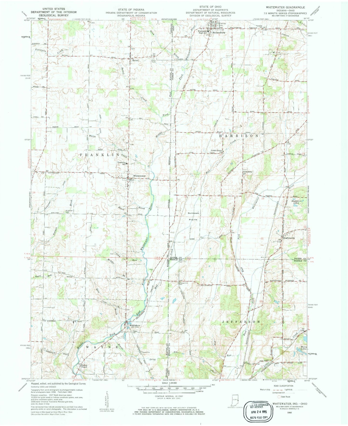 Classic USGS Whitewater Indiana 7.5'x7.5' Topo Map Image