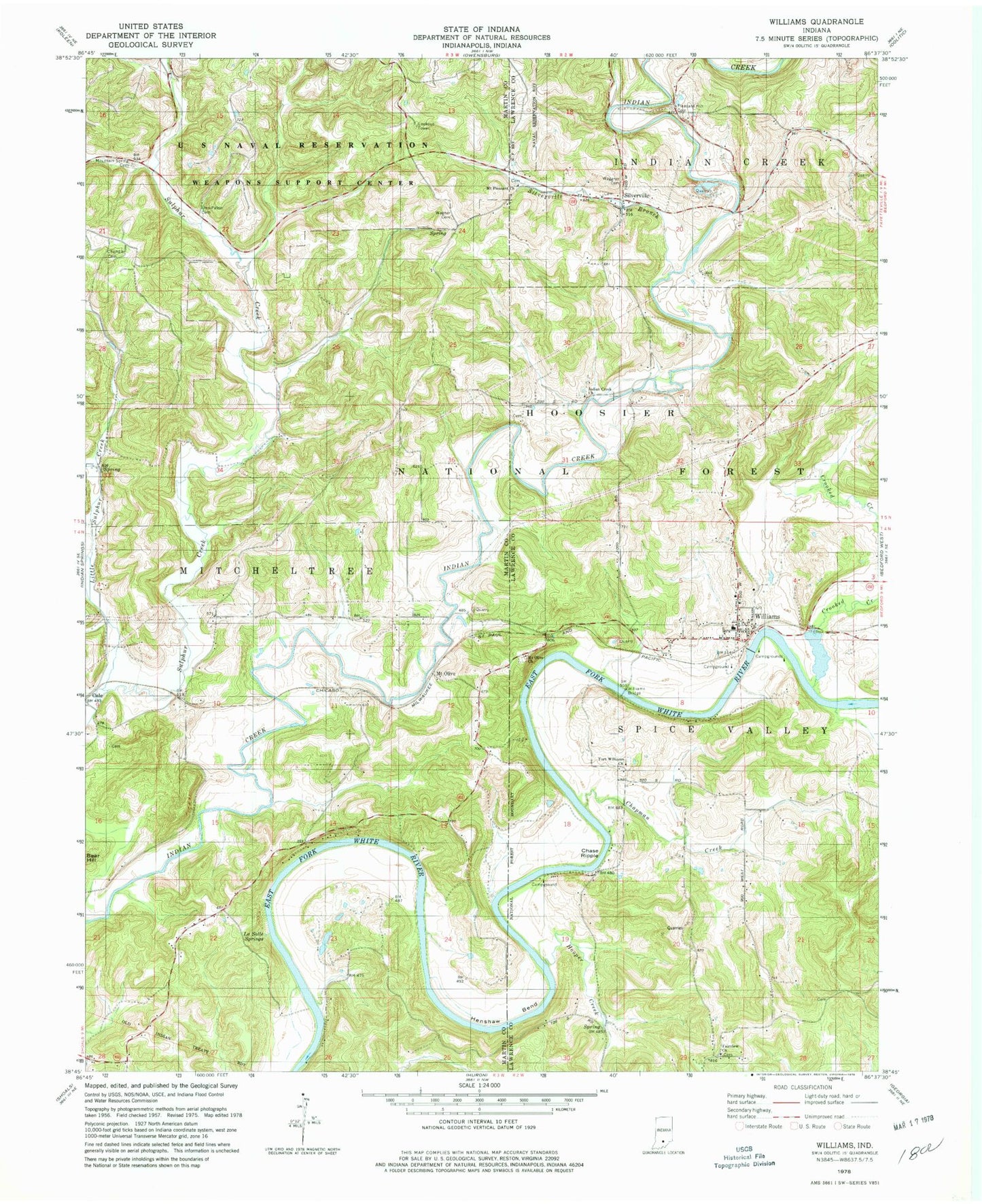 Classic USGS Williams Indiana 7.5'x7.5' Topo Map Image