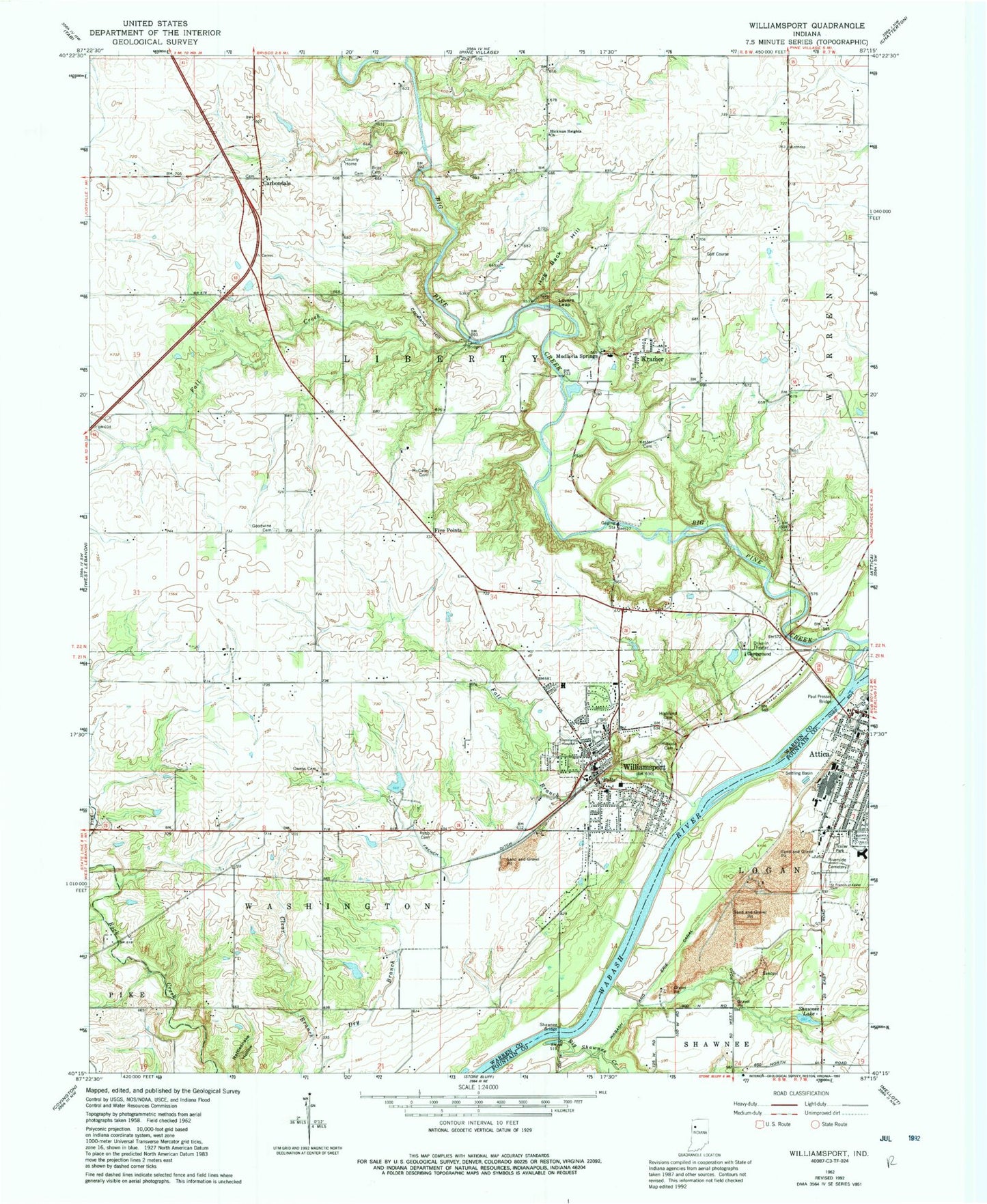 Classic USGS Williamsport Indiana 7.5'x7.5' Topo Map Image