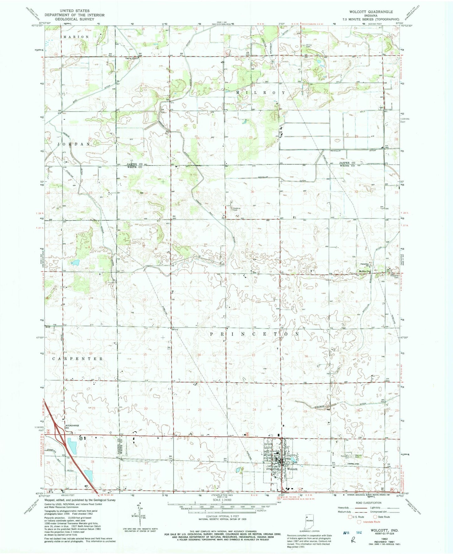 Classic USGS Wolcott Indiana 7.5'x7.5' Topo Map Image