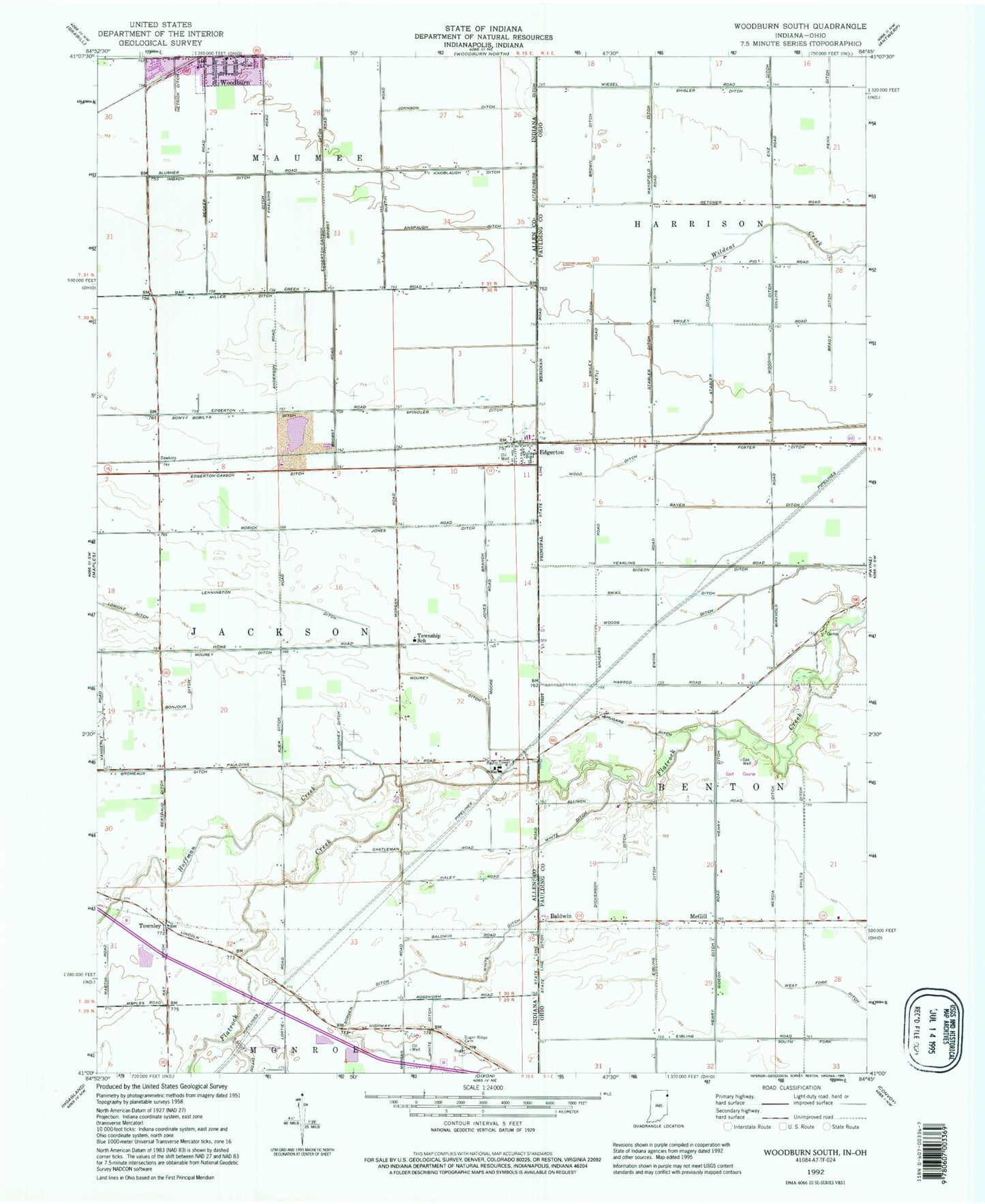Classic USGS Woodburn South Indiana 7.5'x7.5' Topo Map Image