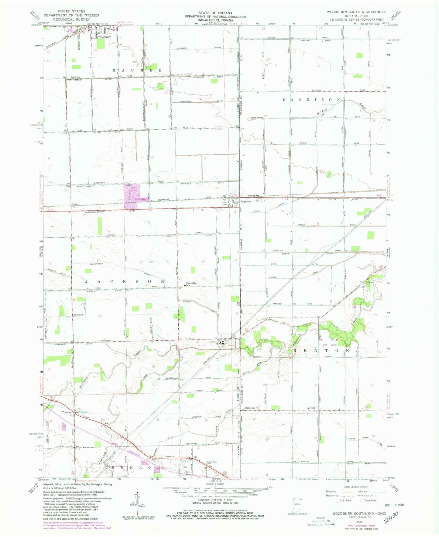 Classic USGS Woodburn South Indiana 7.5'x7.5' Topo Map Image