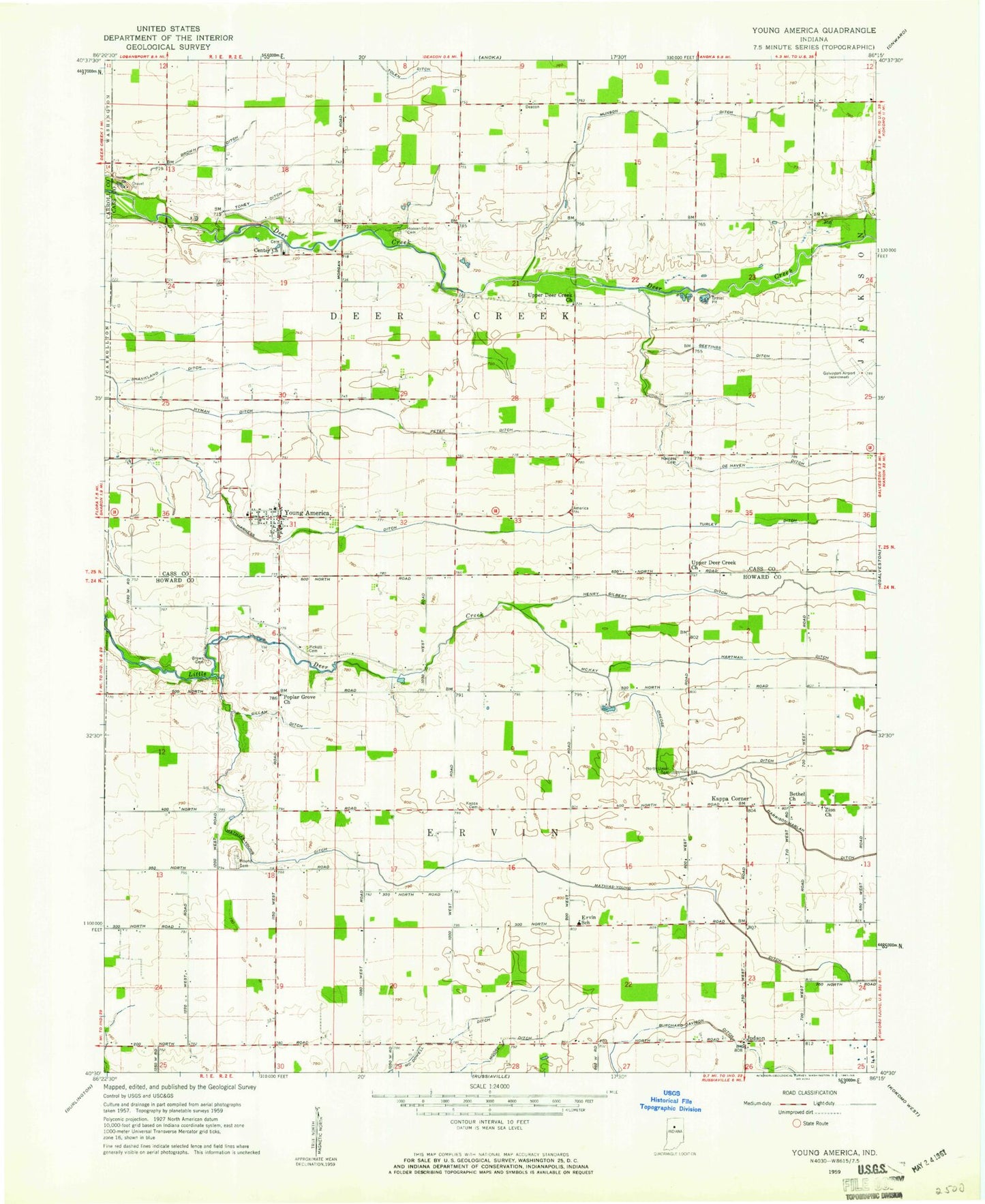 Classic USGS Young America Indiana 7.5'x7.5' Topo Map Image