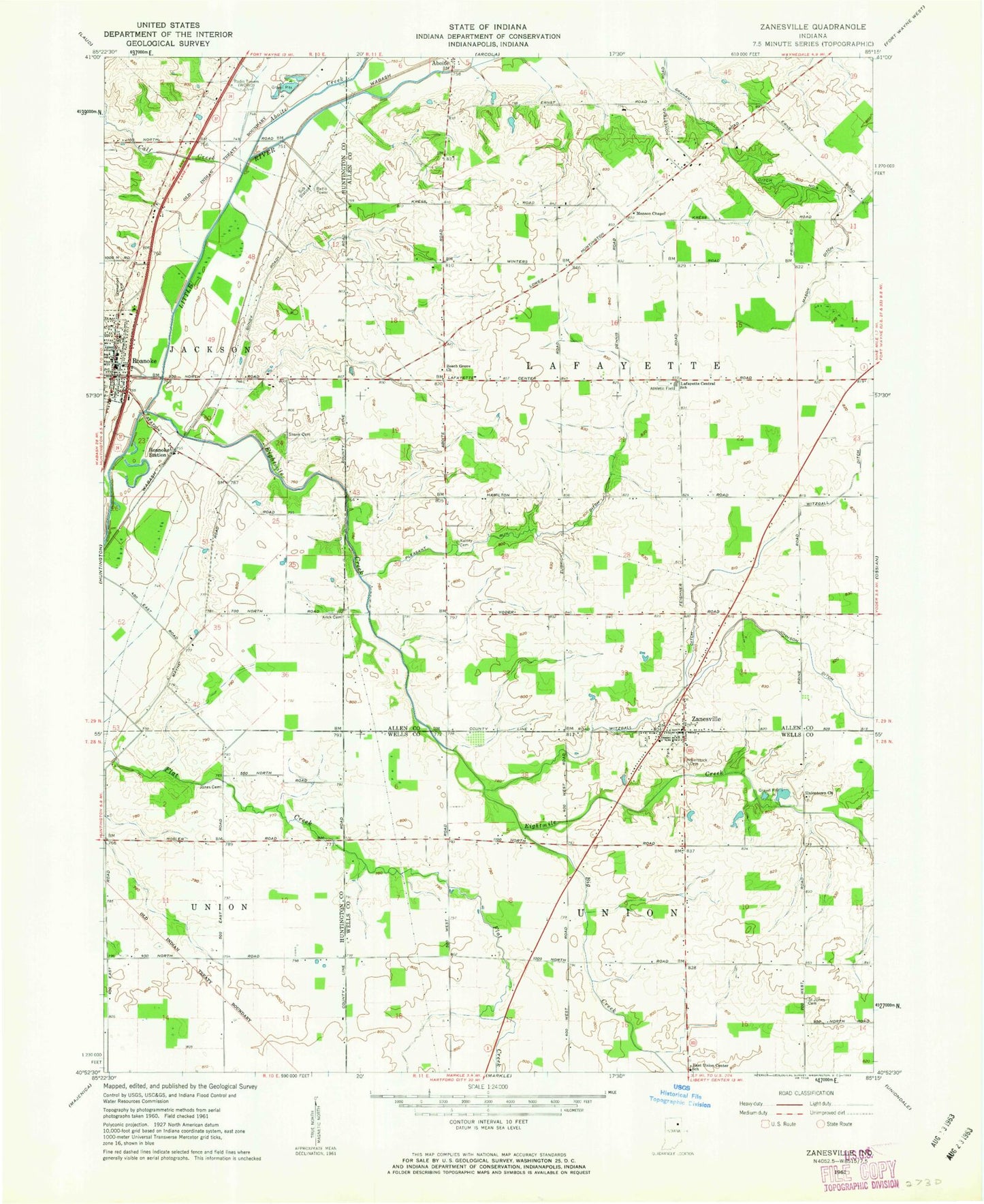Classic USGS Zanesville Indiana 7.5'x7.5' Topo Map Image