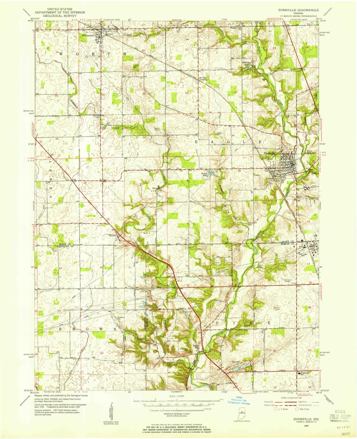 Classic USGS Zionsville Indiana 7.5'x7.5' Topo Map Image