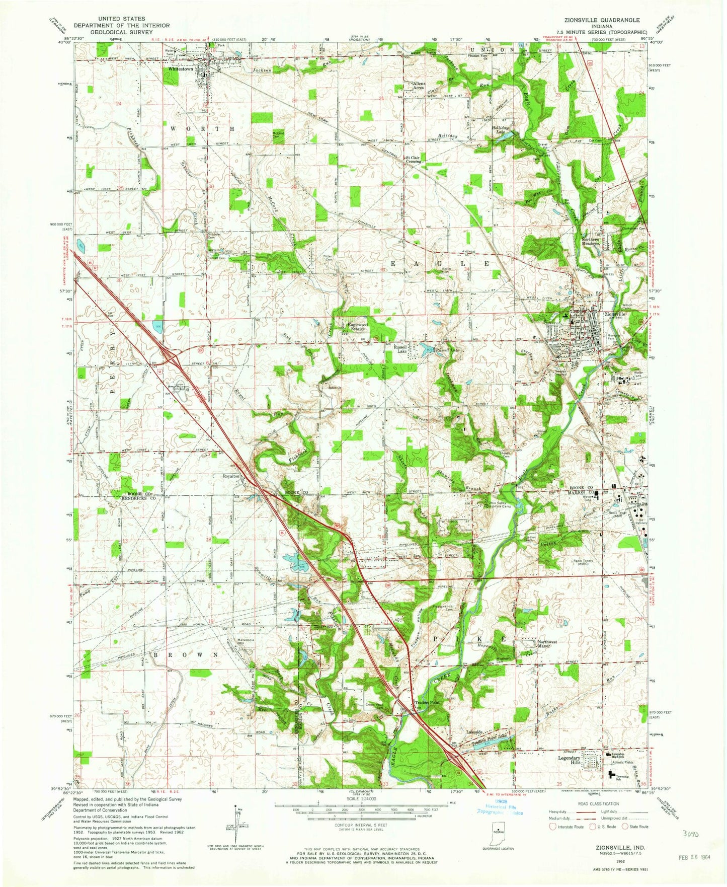 Classic USGS Zionsville Indiana 7.5'x7.5' Topo Map Image