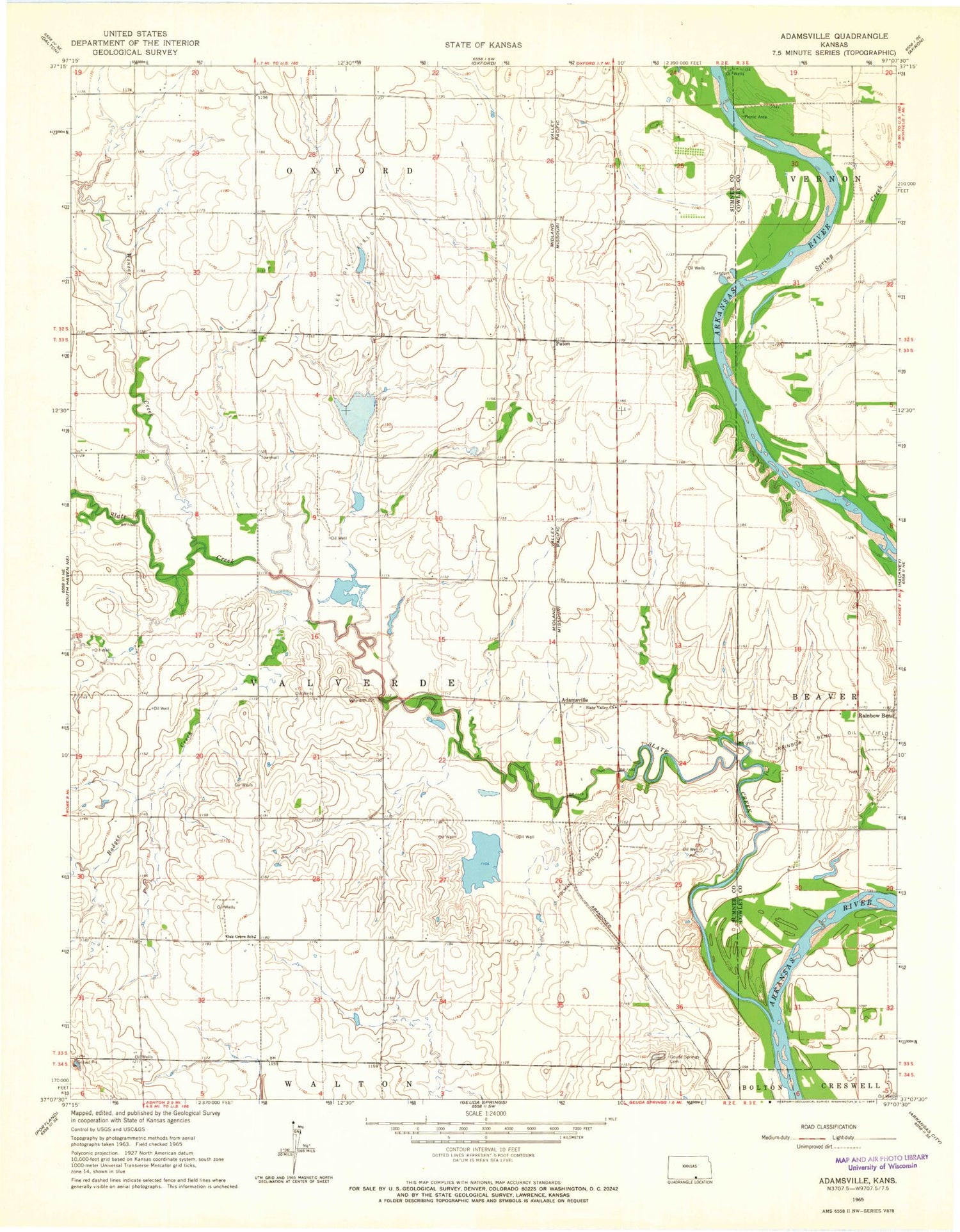 Classic USGS Adamsville Kansas 7.5'x7.5' Topo Map Image