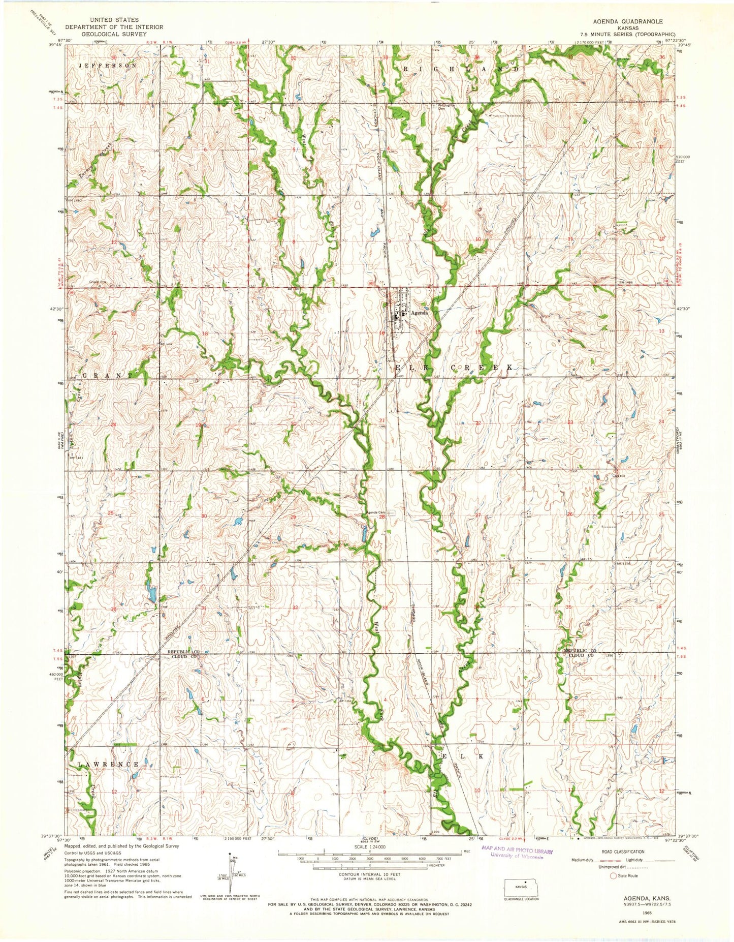 Classic USGS Agenda Kansas 7.5'x7.5' Topo Map Image