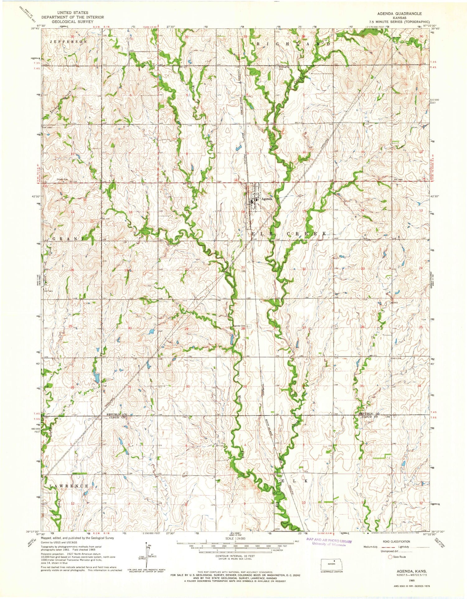 Classic USGS Agenda Kansas 7.5'x7.5' Topo Map Image