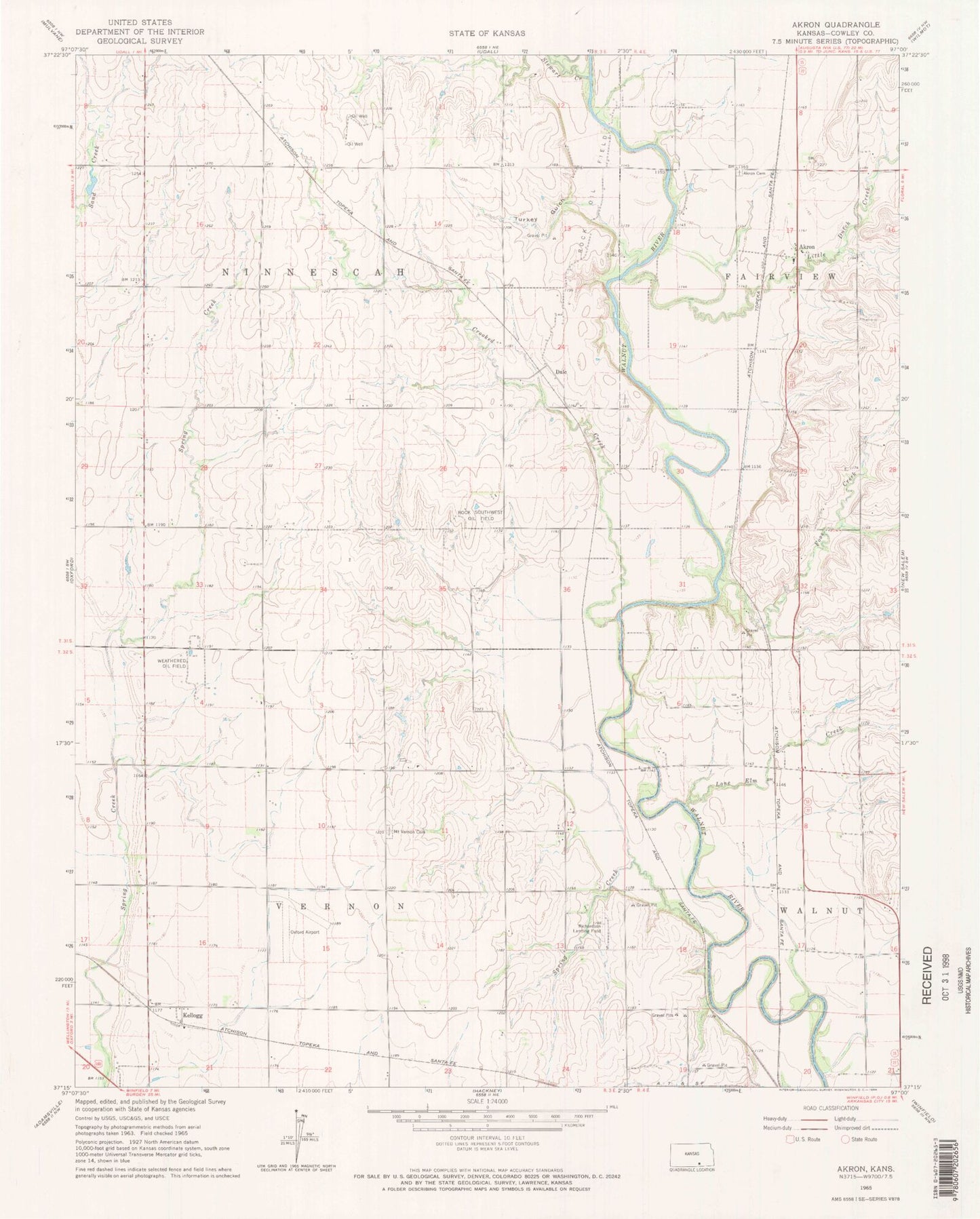 Classic USGS Akron Kansas 7.5'x7.5' Topo Map Image