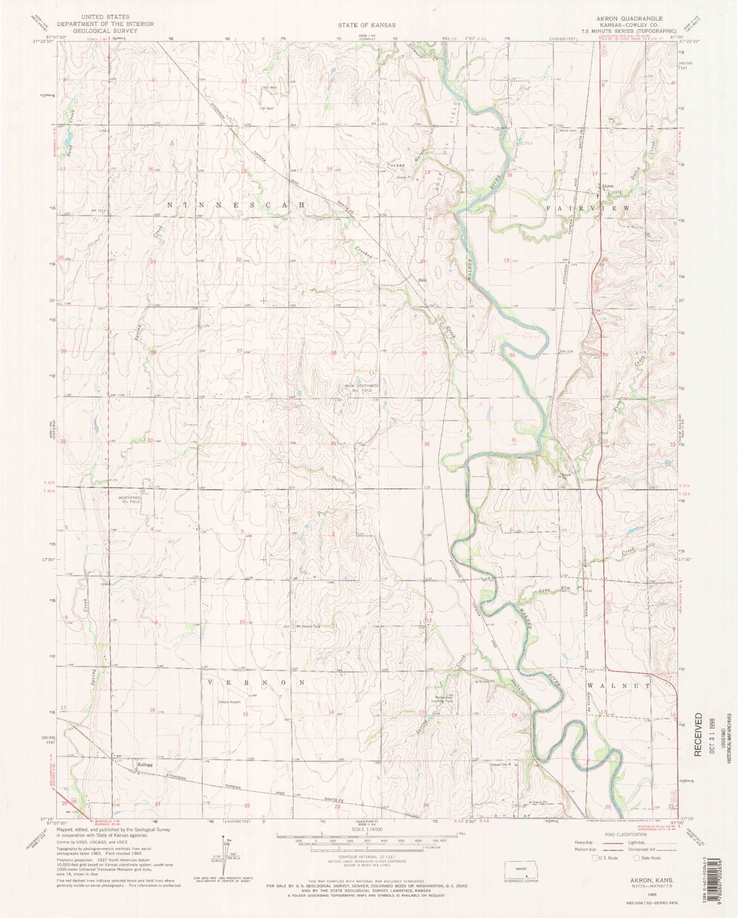 Classic USGS Akron Kansas 7.5'x7.5' Topo Map Image
