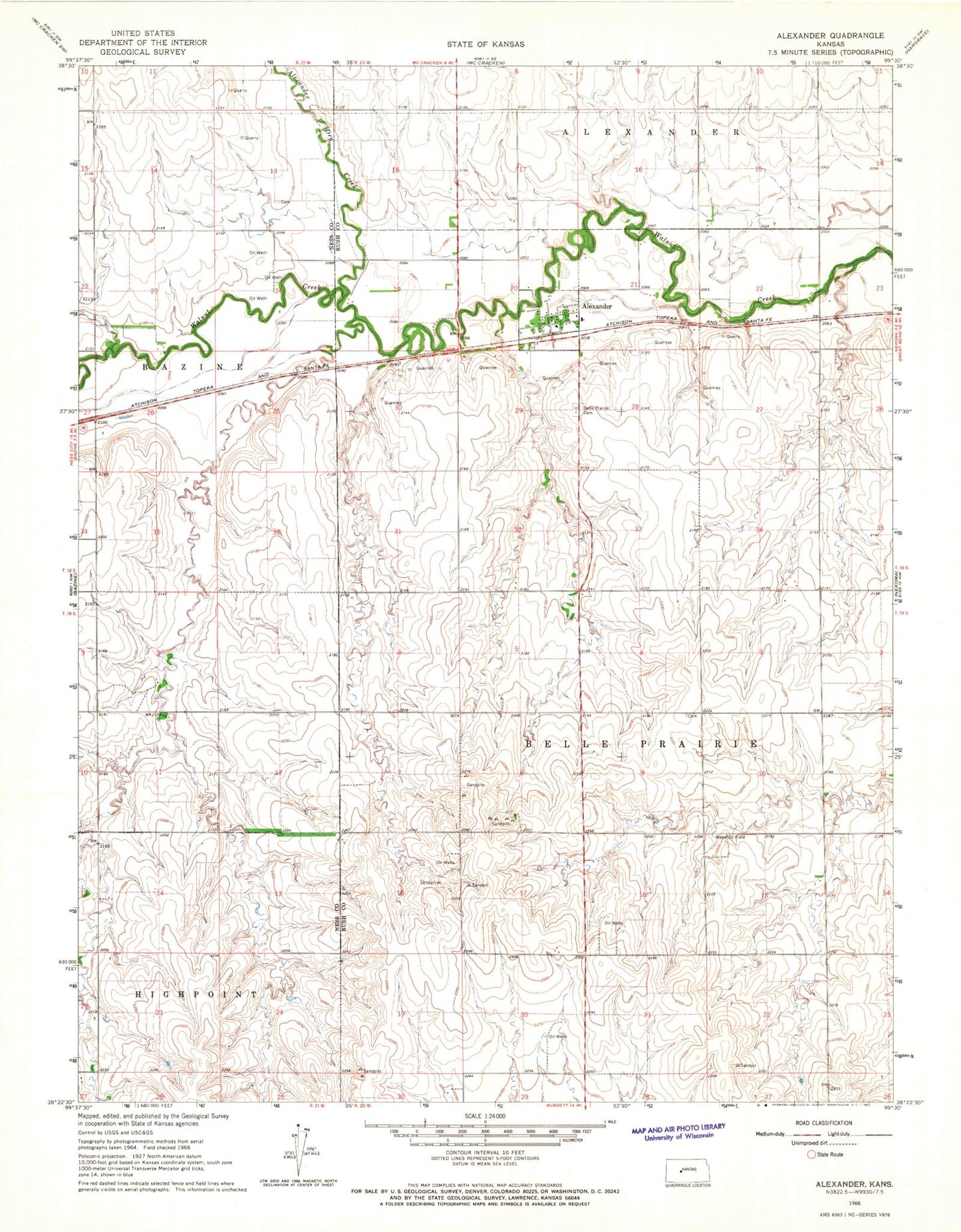 Classic USGS Alexander Kansas 7.5'x7.5' Topo Map Image