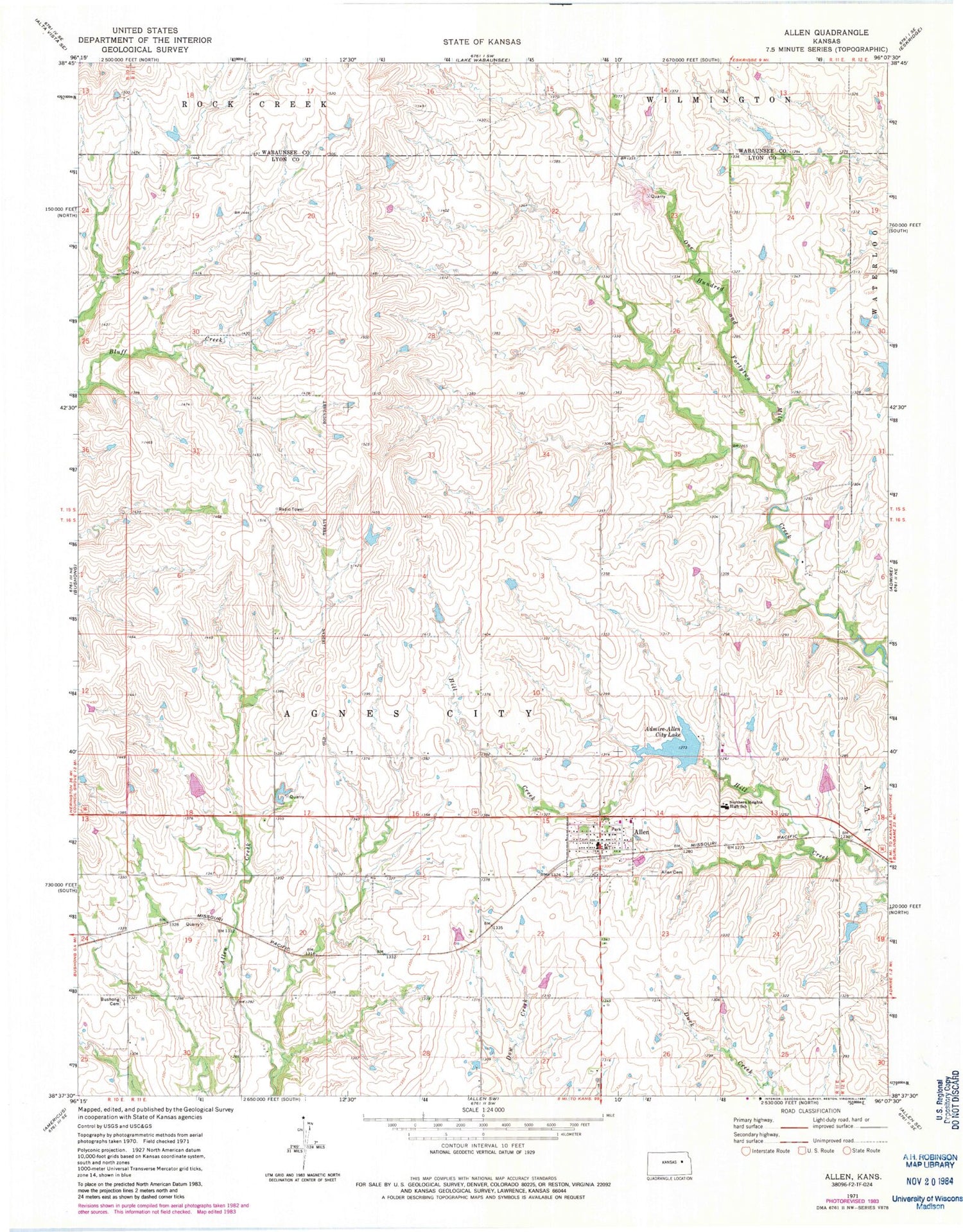 Classic USGS Allen Kansas 7.5'x7.5' Topo Map Image