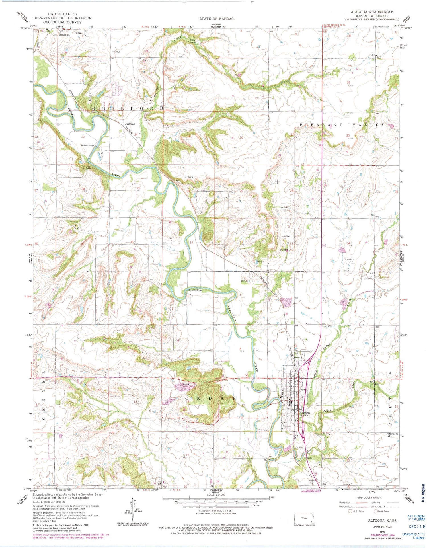 Classic USGS Altoona Kansas 7.5'x7.5' Topo Map Image