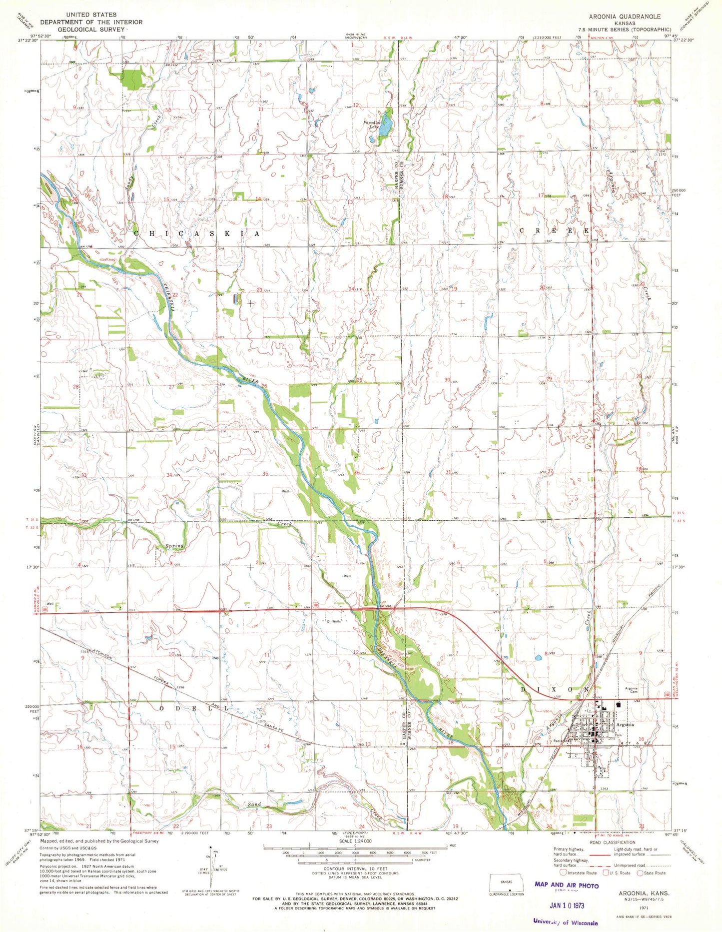 Classic USGS Argonia Kansas 7.5'x7.5' Topo Map Image