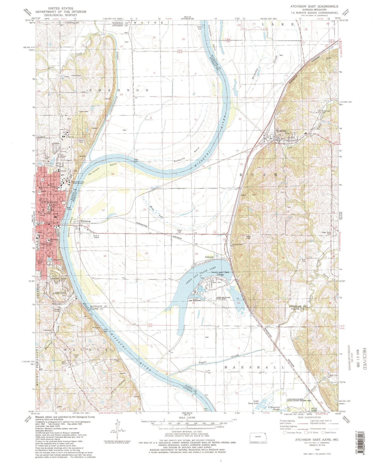 Classic USGS Atchison East Kansas 7.5'x7.5' Topo Map Image