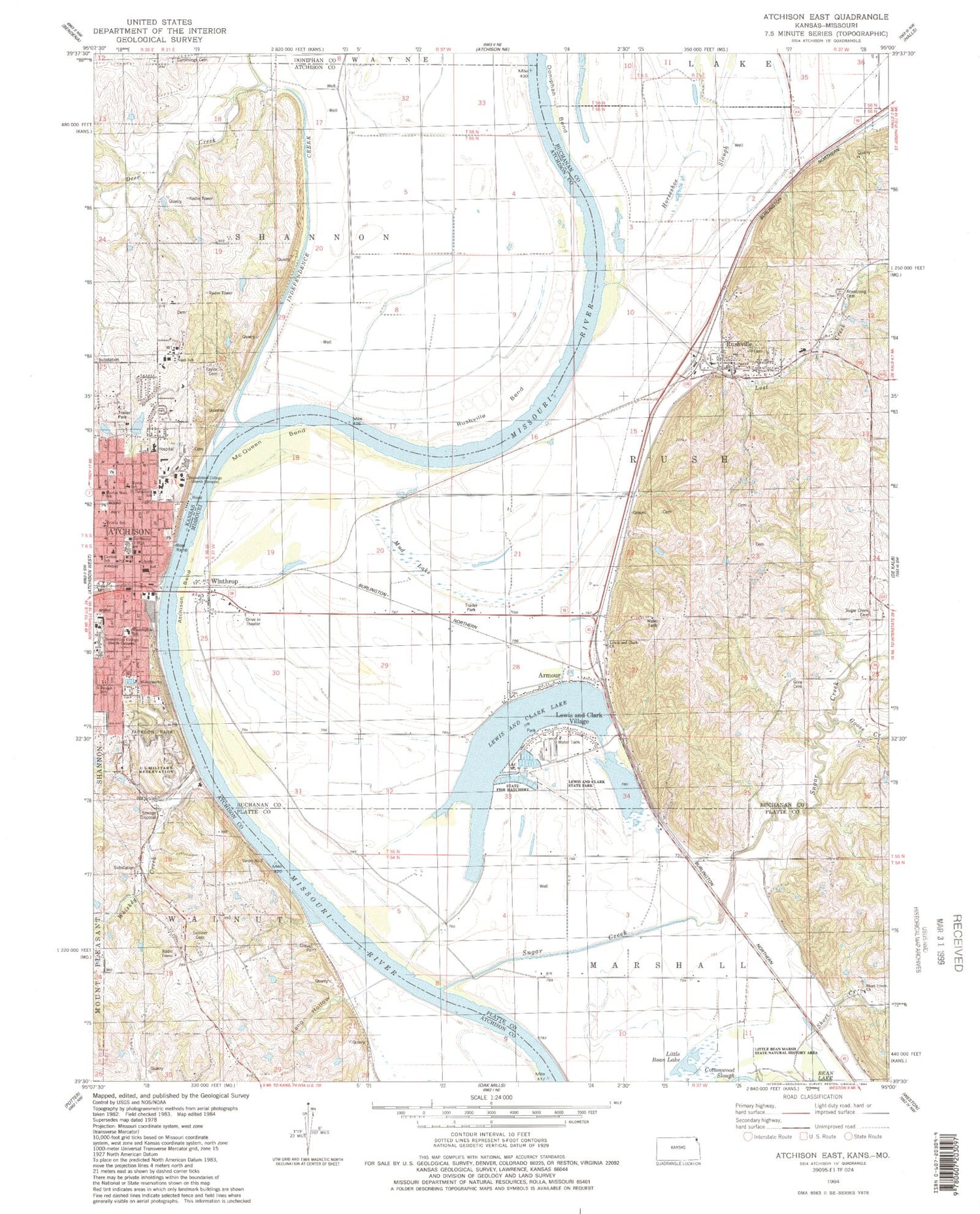 Classic USGS Atchison East Kansas 7.5'x7.5' Topo Map Image