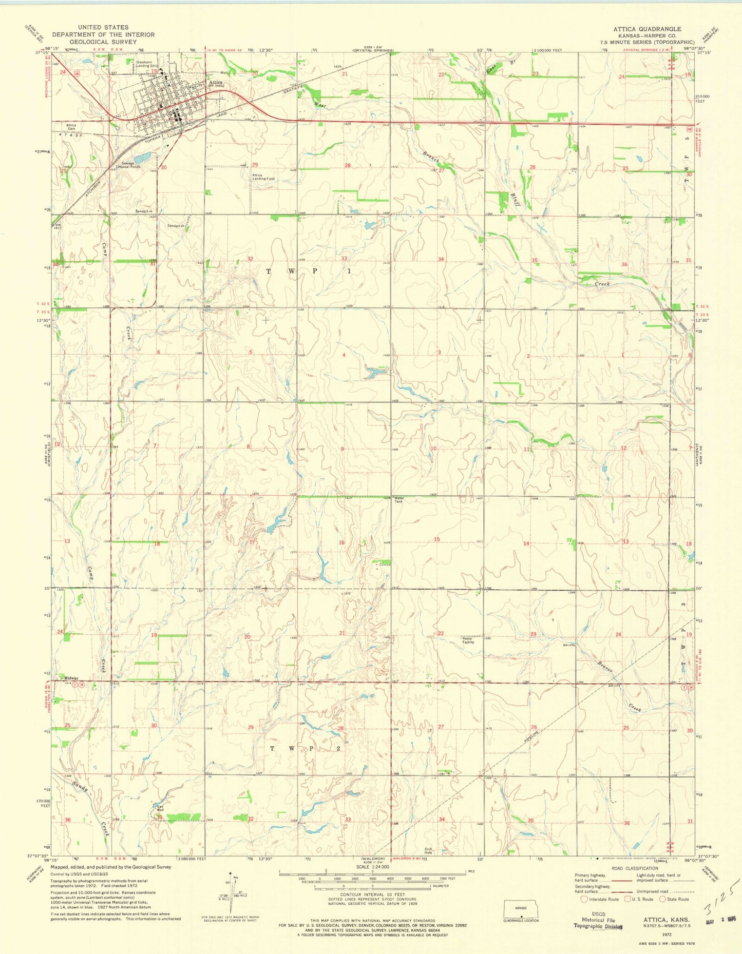 Classic USGS Attica Kansas 7.5'x7.5' Topo Map Image