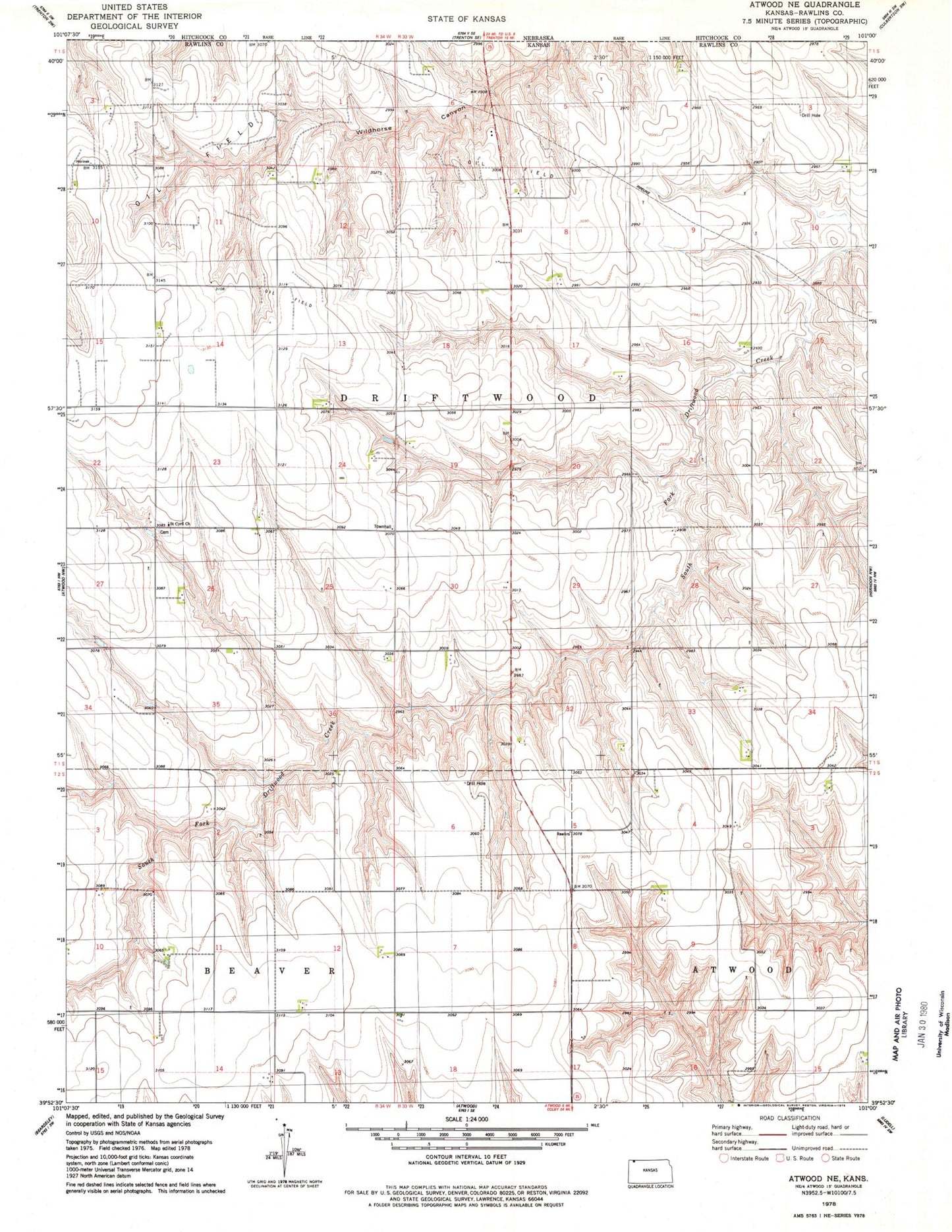 Classic USGS Atwood NE Kansas 7.5'x7.5' Topo Map Image