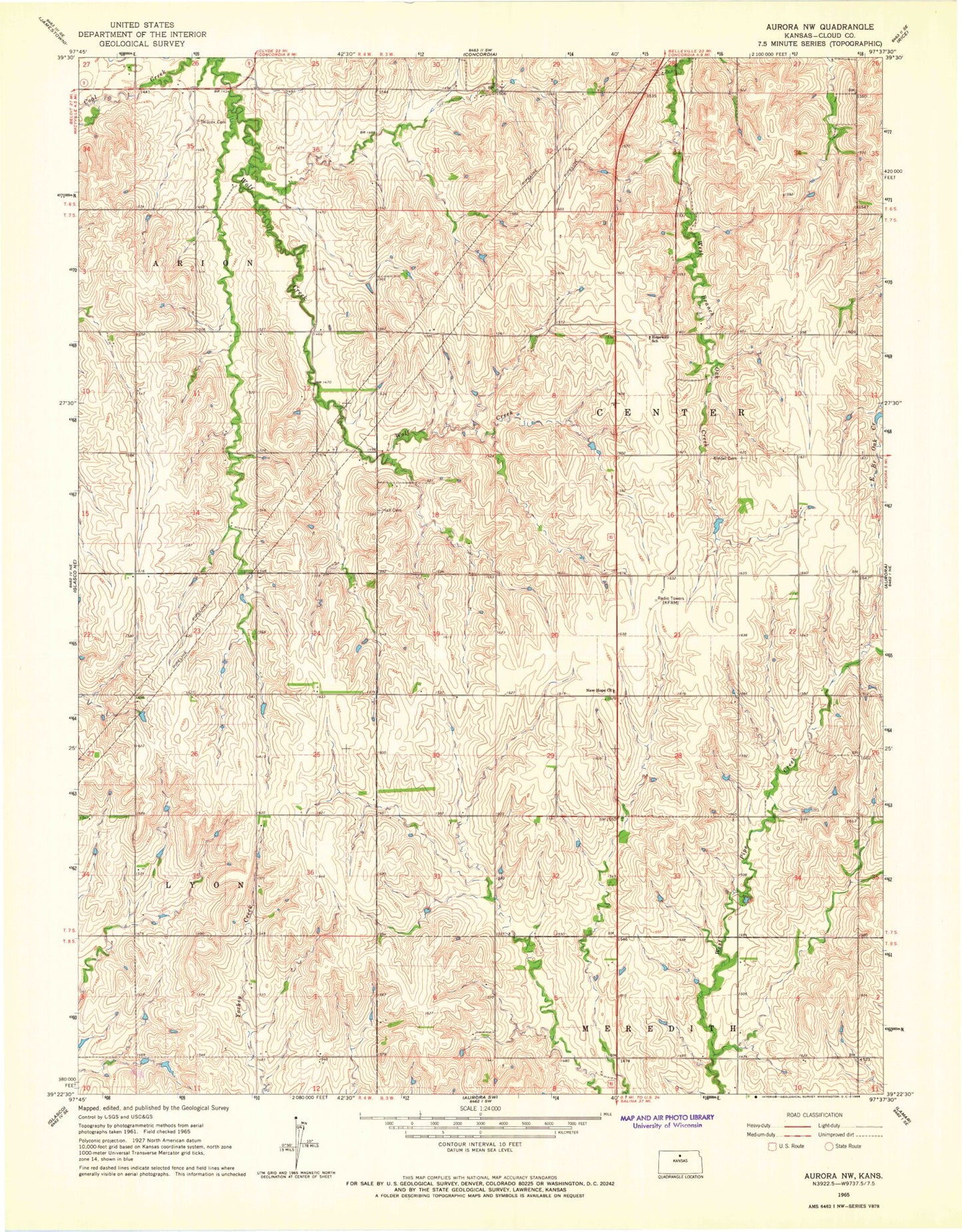 Classic USGS Aurora NW Kansas 7.5'x7.5' Topo Map Image
