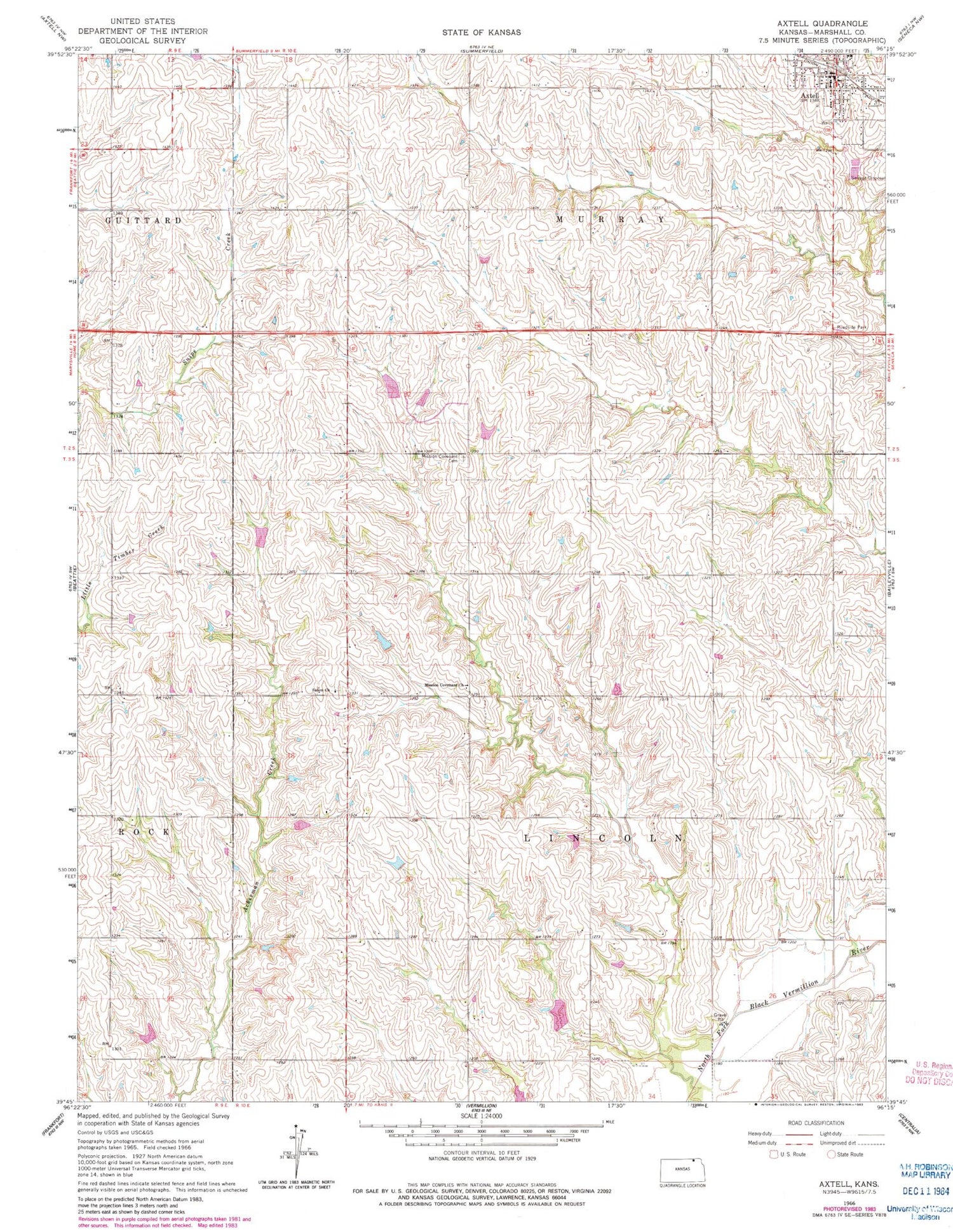 Classic USGS Axtell Kansas 7.5'x7.5' Topo Map Image