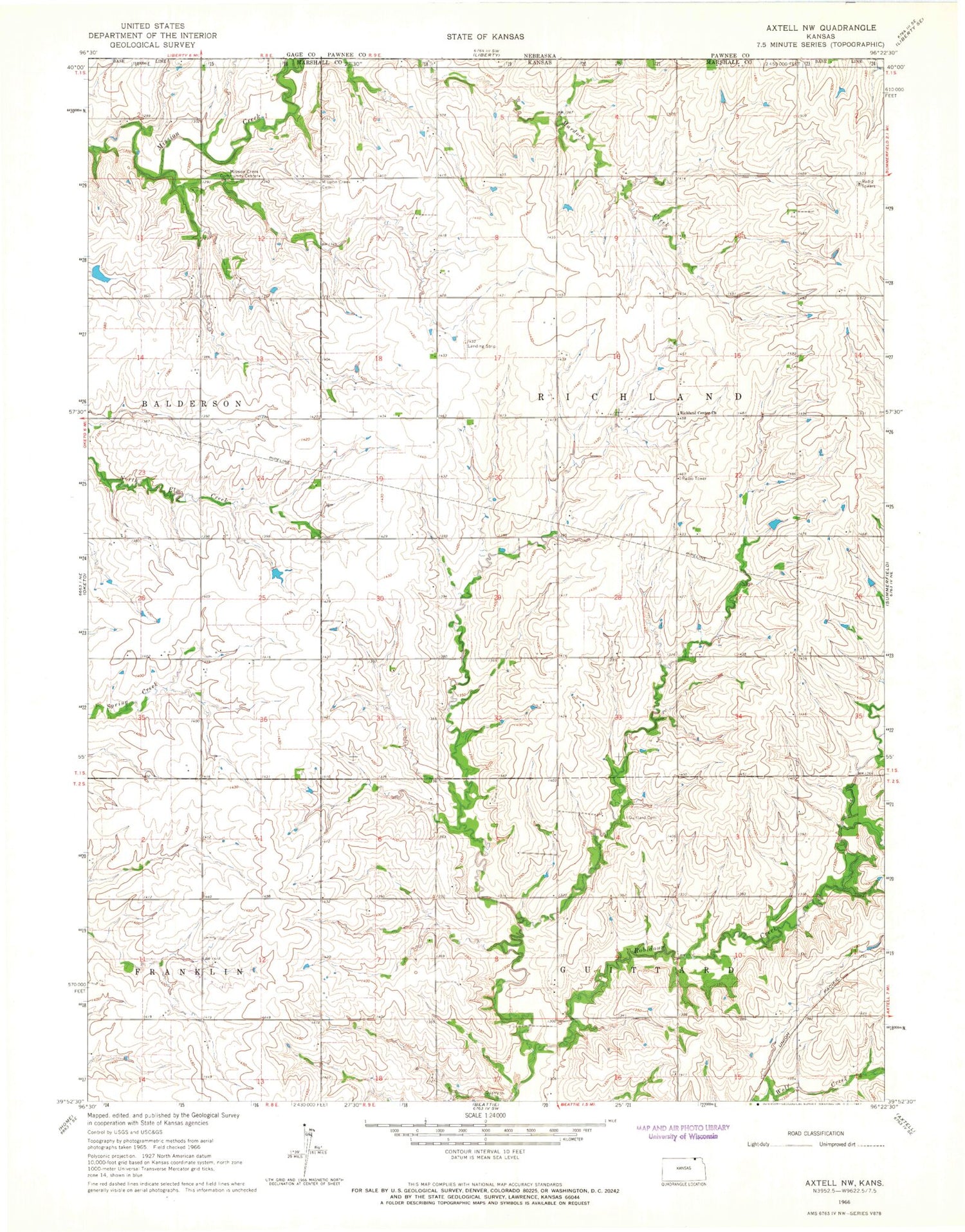 Classic USGS Axtell NW Kansas 7.5'x7.5' Topo Map Image