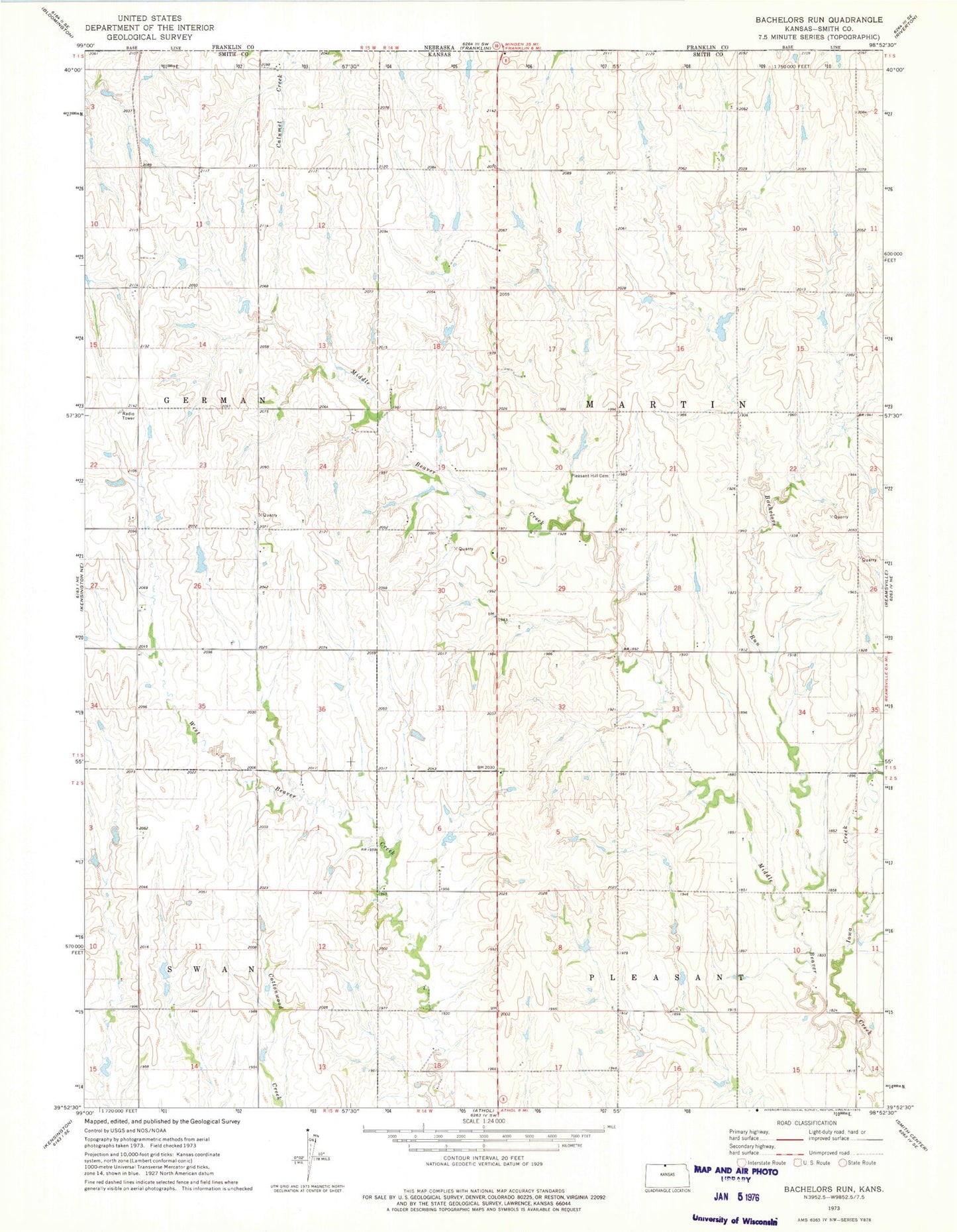 Classic USGS Bachelors Run Kansas 7.5'x7.5' Topo Map Image