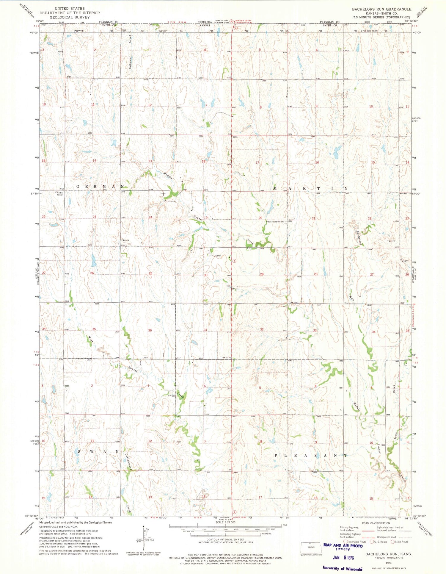 Classic USGS Bachelors Run Kansas 7.5'x7.5' Topo Map Image