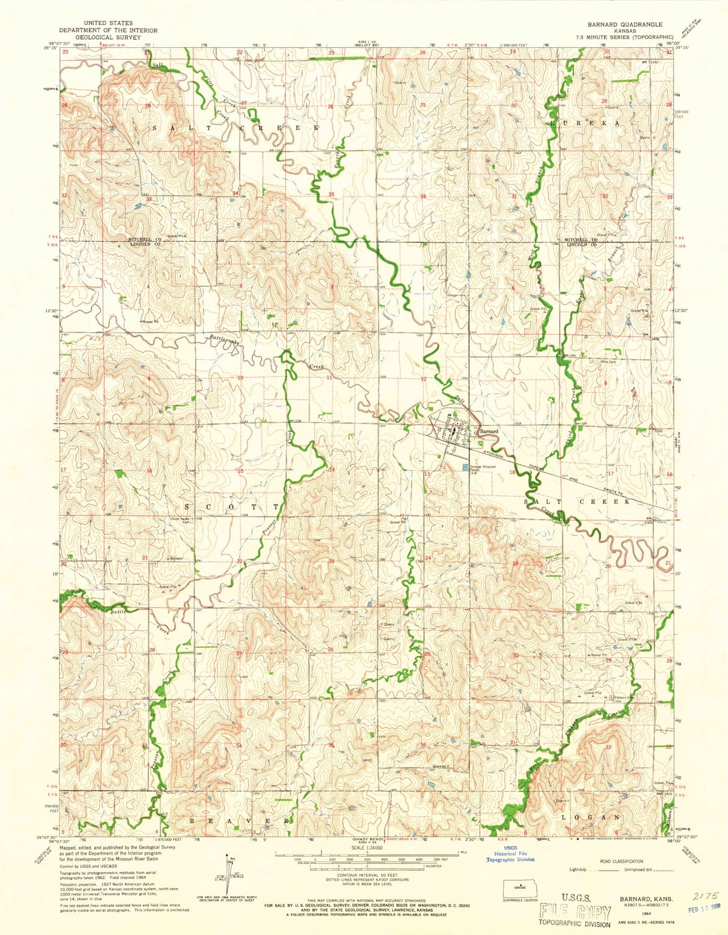 Classic USGS Barnard Kansas 7.5'x7.5' Topo Map Image