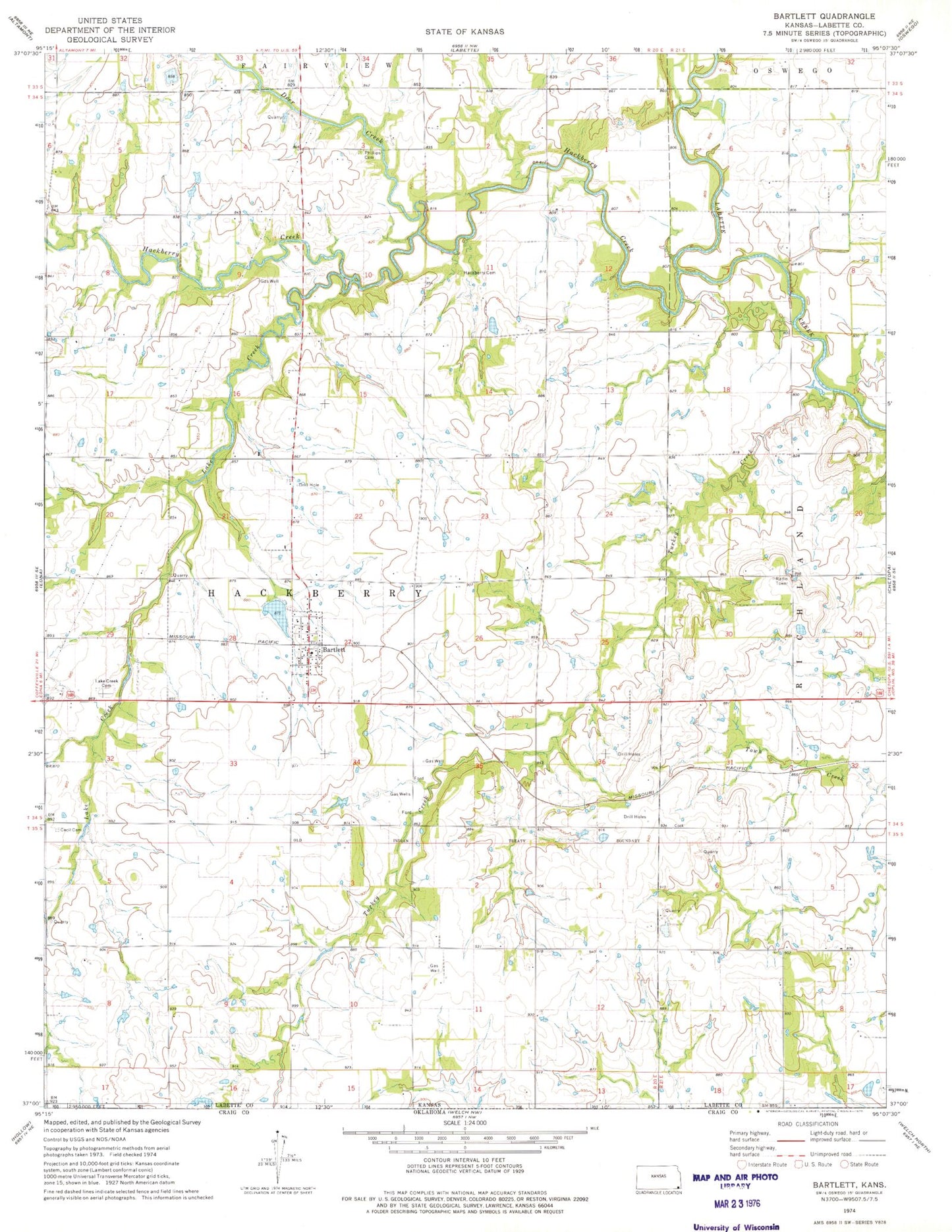 Classic USGS Bartlett Kansas 7.5'x7.5' Topo Map Image