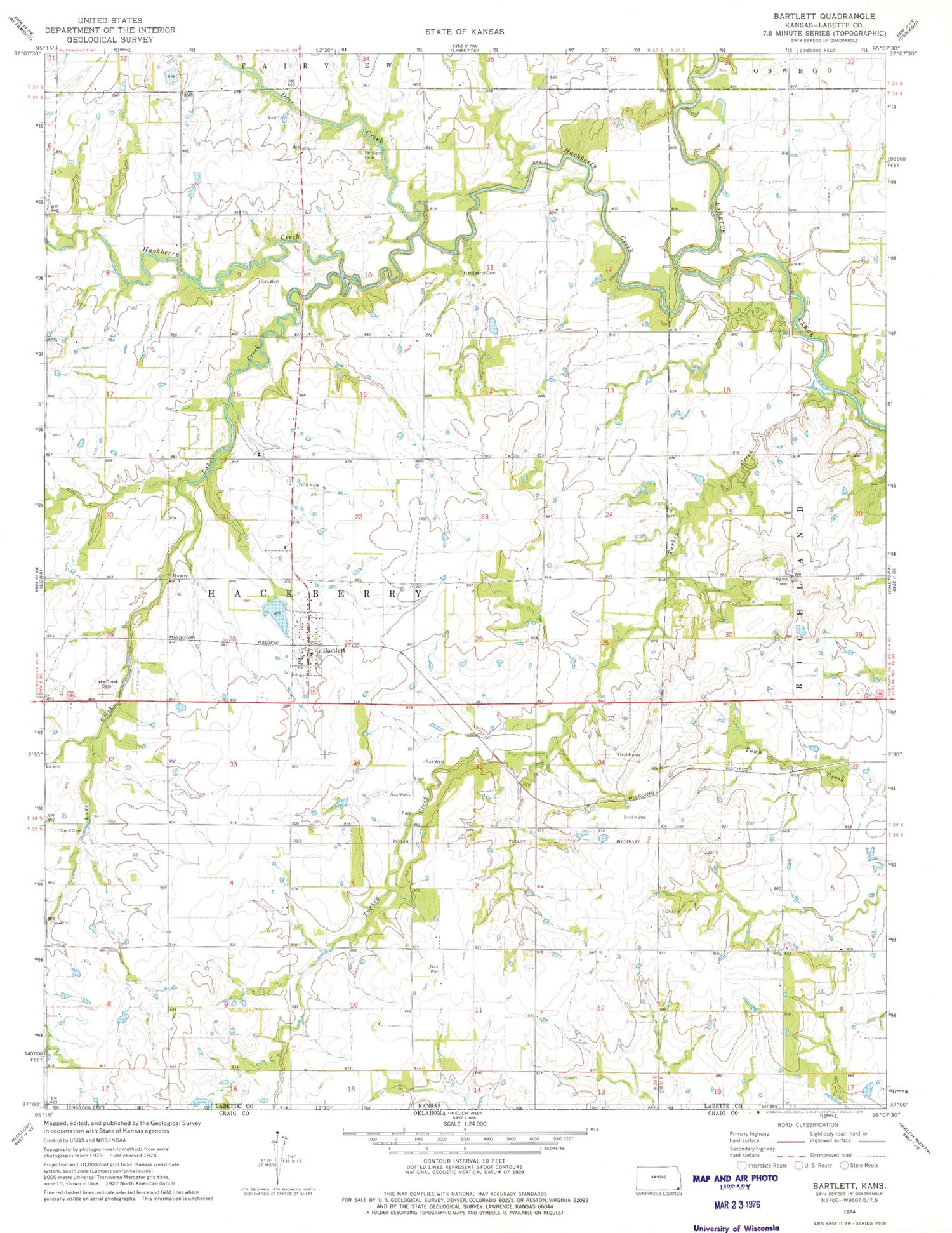 Classic USGS Bartlett Kansas 7.5'x7.5' Topo Map Image