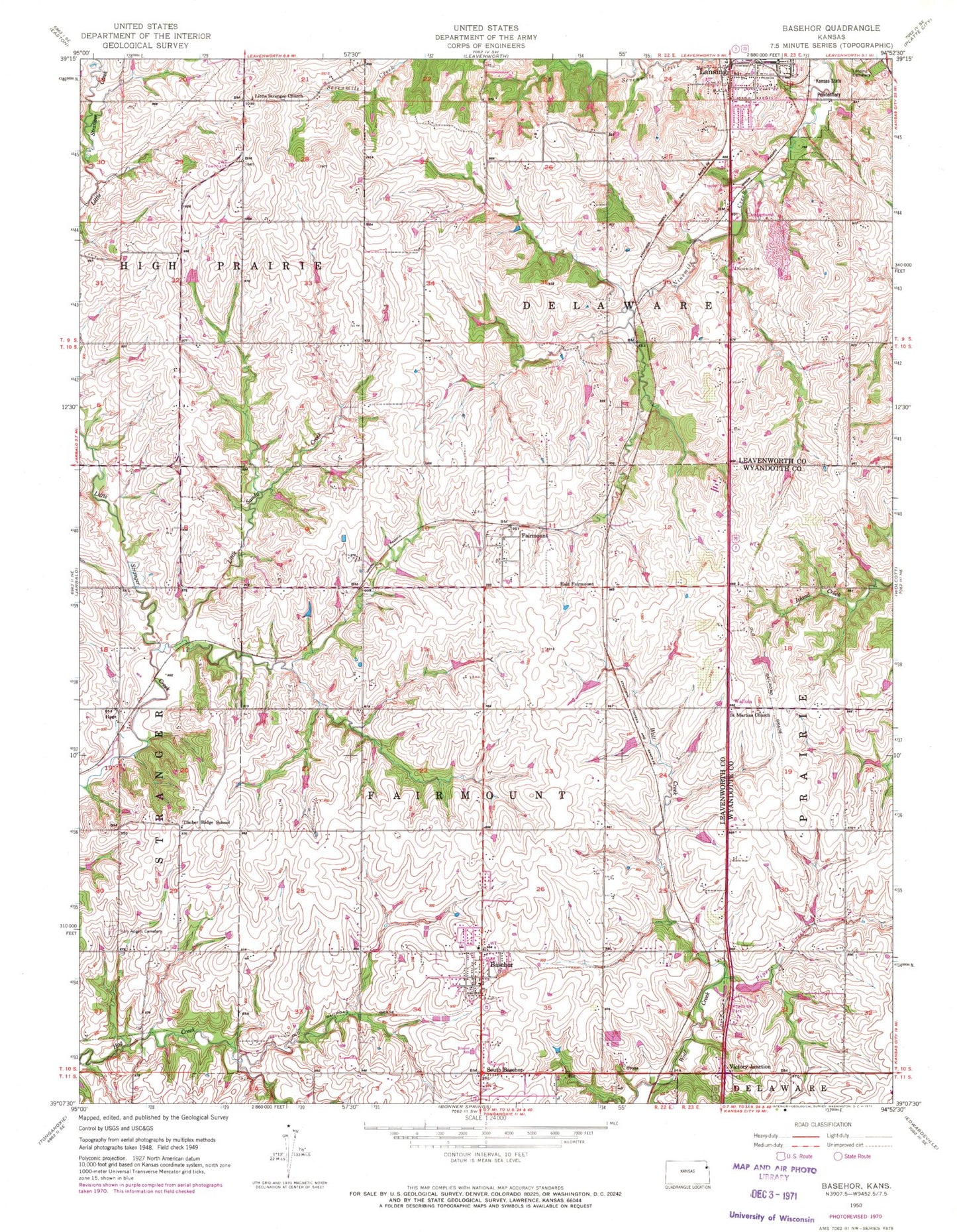 Classic USGS Basehor Kansas 7.5'x7.5' Topo Map Image