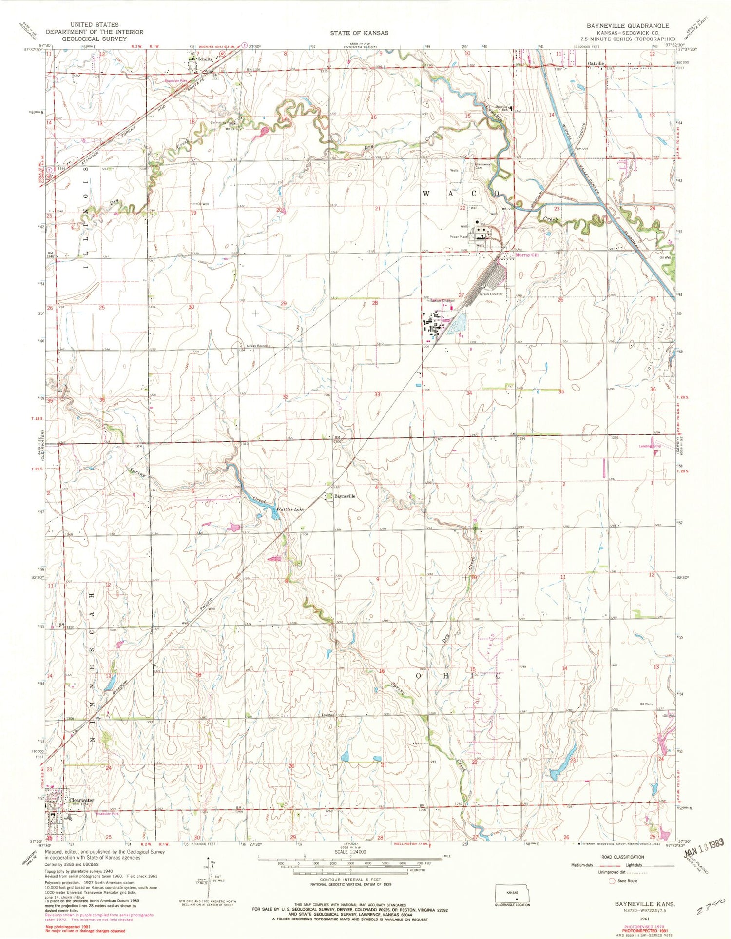 Classic USGS Bayneville Kansas 7.5'x7.5' Topo Map Image