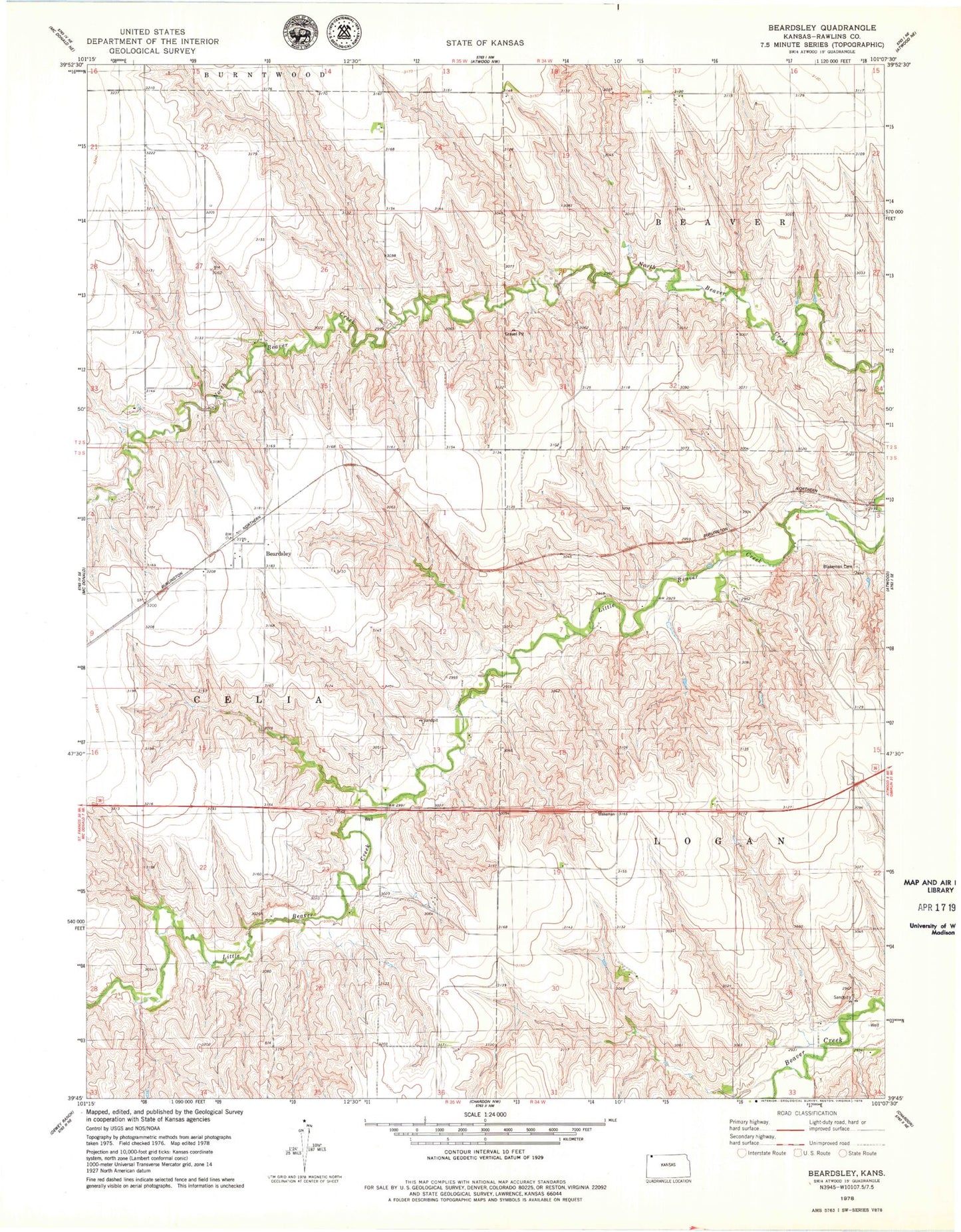 Classic USGS Beardsley Kansas 7.5'x7.5' Topo Map Image