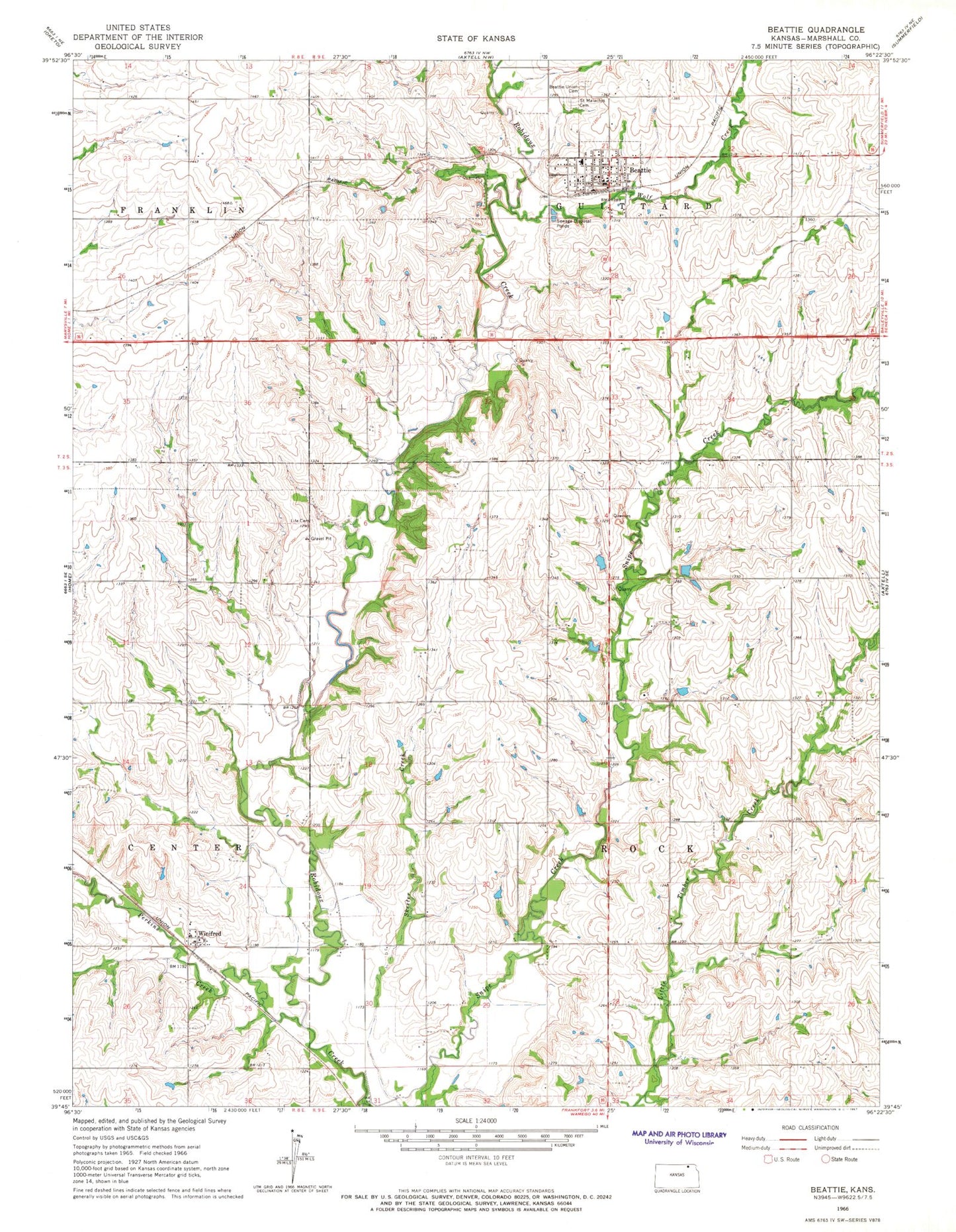 Classic USGS Beattie Kansas 7.5'x7.5' Topo Map Image