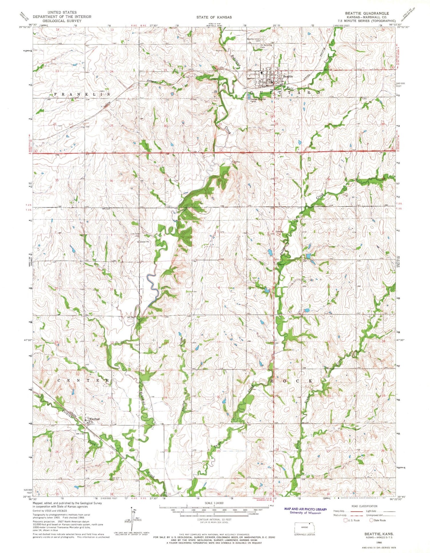 Classic USGS Beattie Kansas 7.5'x7.5' Topo Map Image