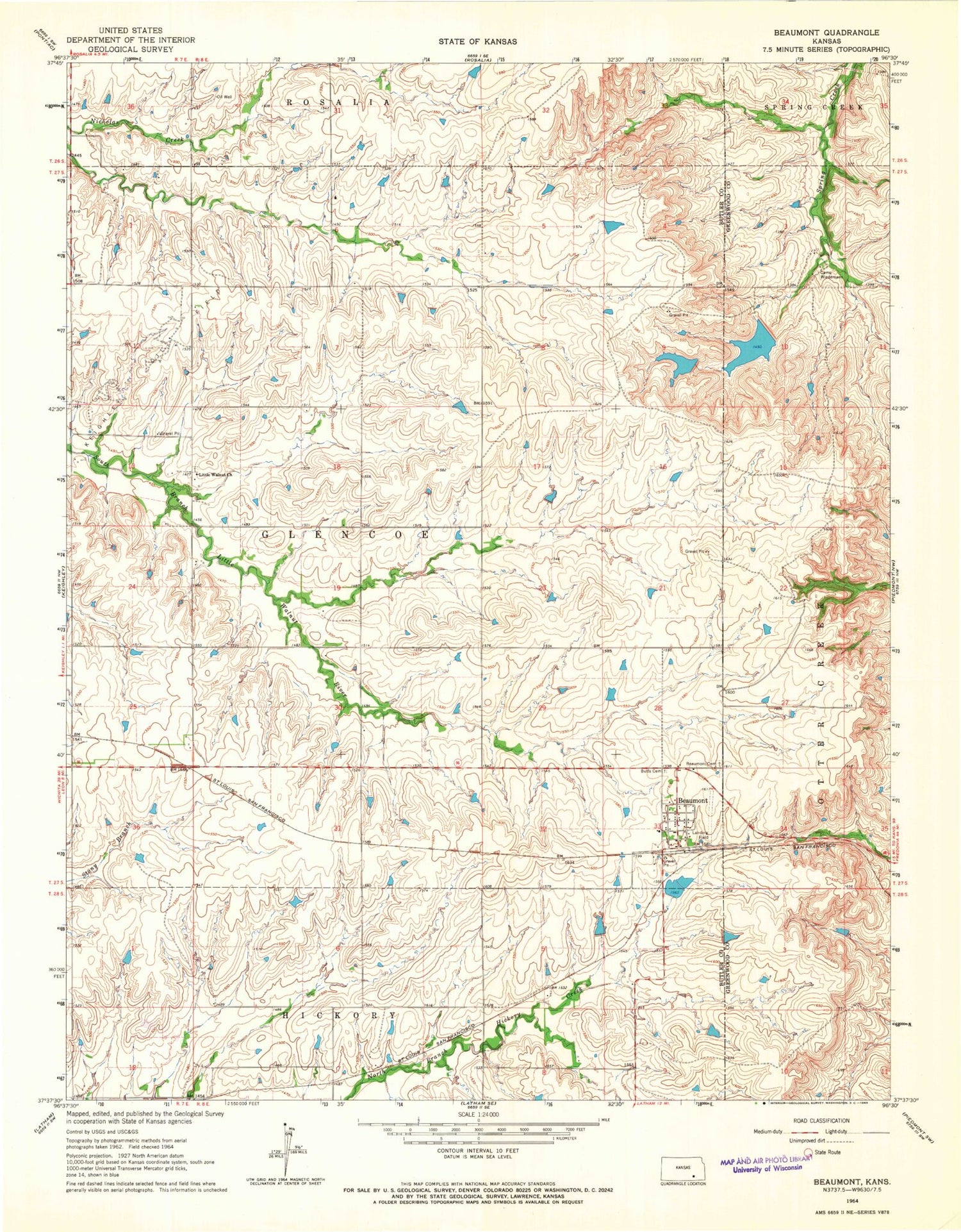 Classic USGS Beaumont Kansas 7.5'x7.5' Topo Map Image