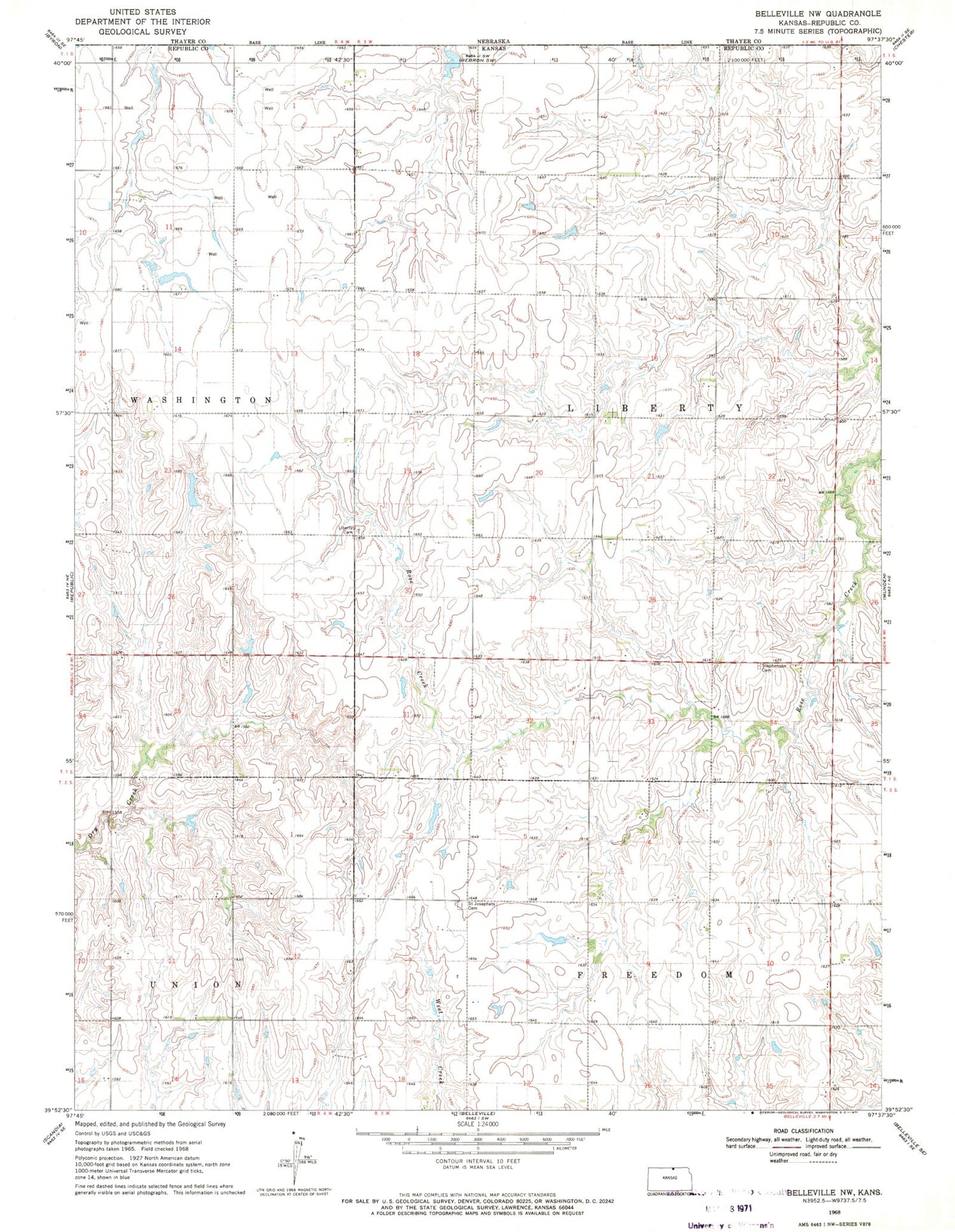 Classic USGS Belleville NW Kansas 7.5'x7.5' Topo Map Image