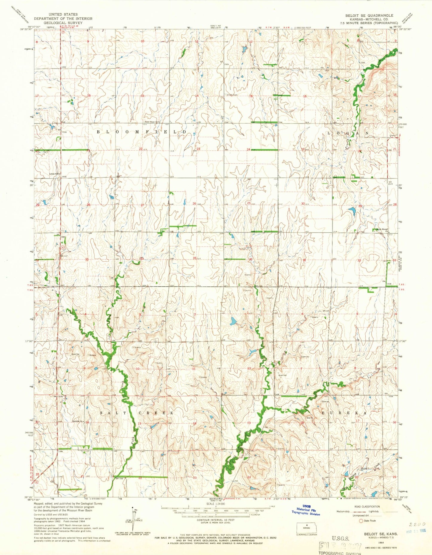 Classic USGS Beloit SE Kansas 7.5'x7.5' Topo Map Image