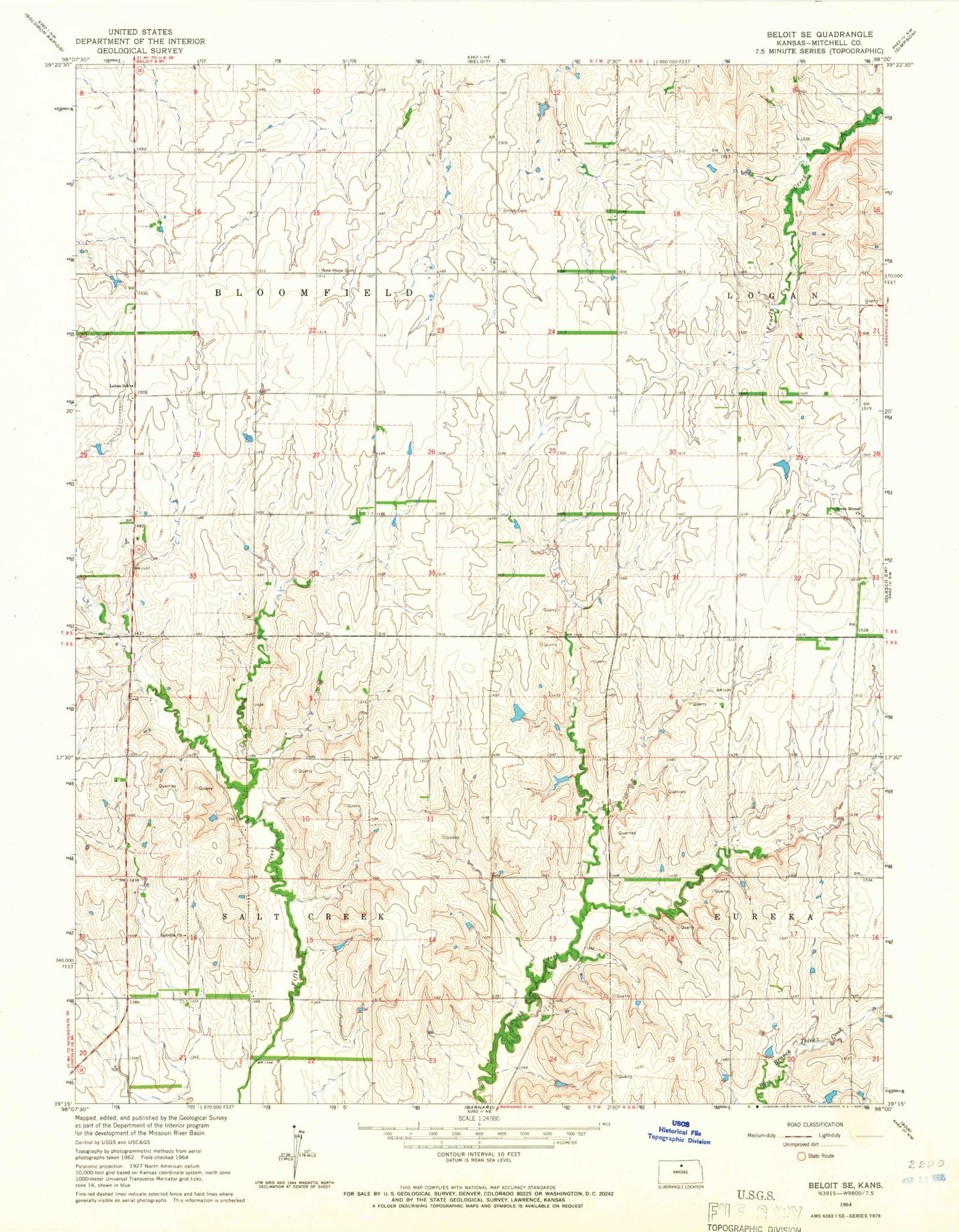 Classic USGS Beloit SE Kansas 7.5'x7.5' Topo Map Image
