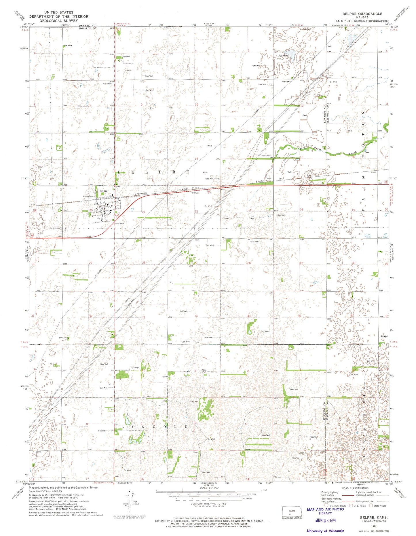 Classic USGS Belpre Kansas 7.5'x7.5' Topo Map Image