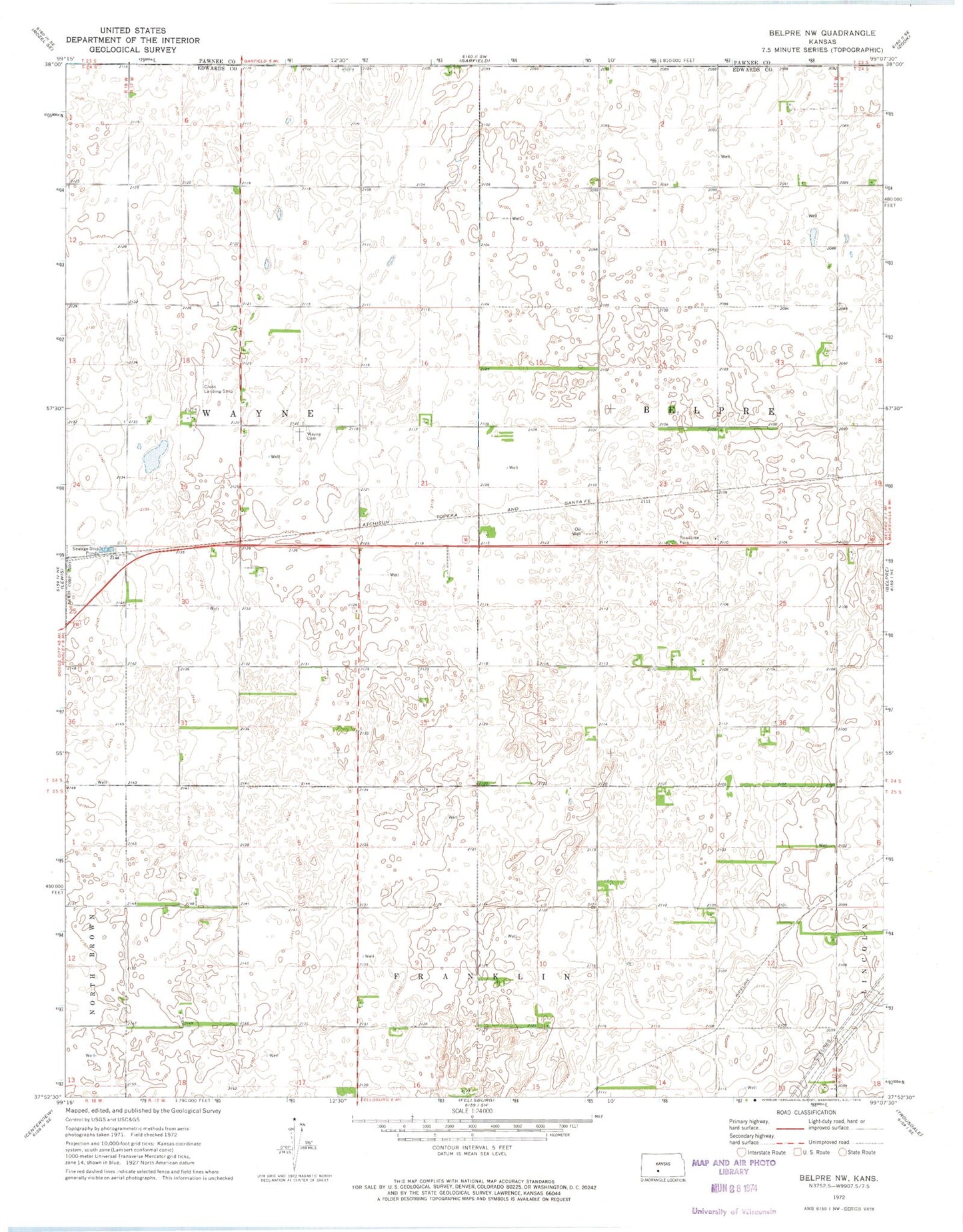 Classic USGS Belpre NW Kansas 7.5'x7.5' Topo Map Image