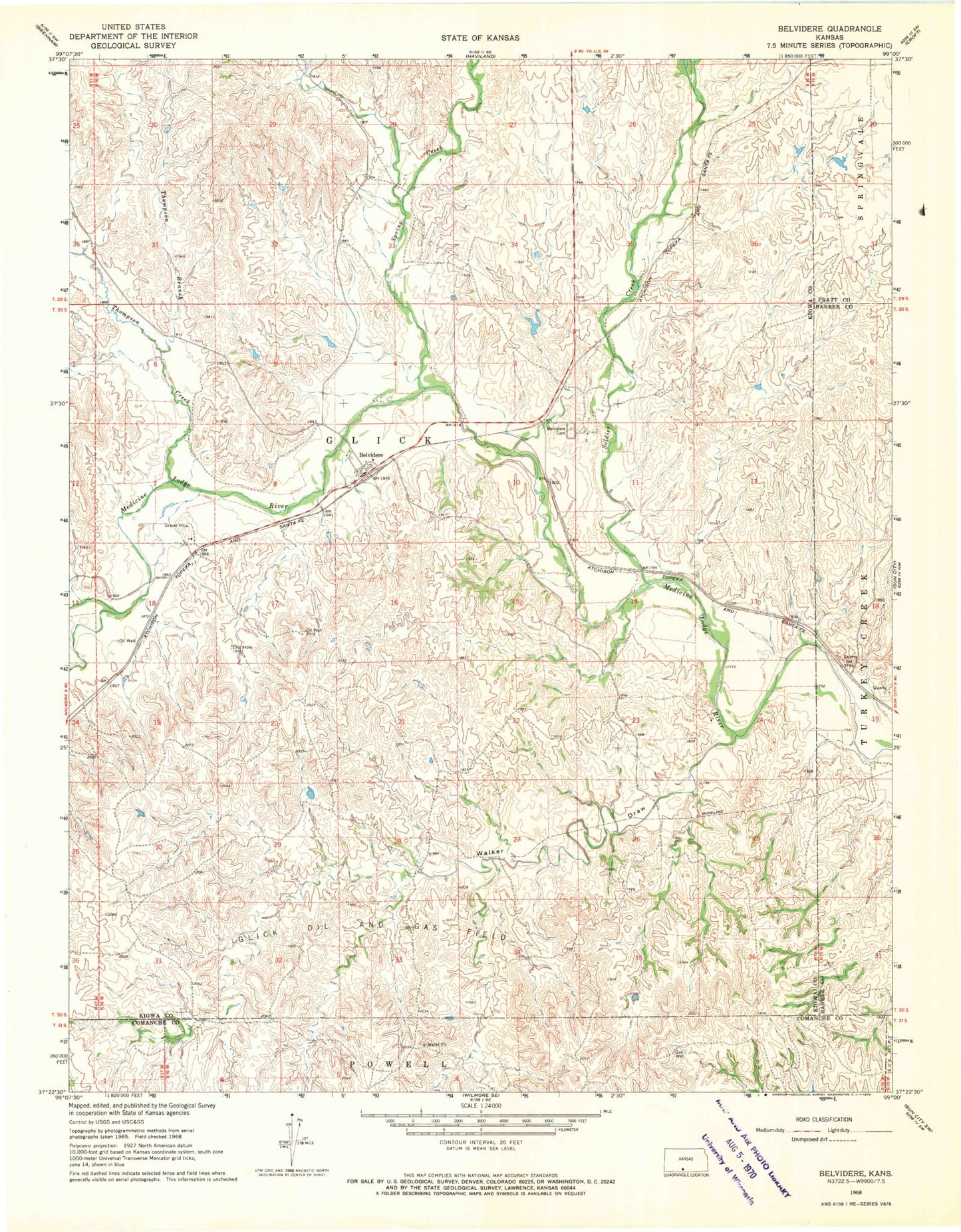 Classic USGS Belvidere Kansas 7.5'x7.5' Topo Map Image