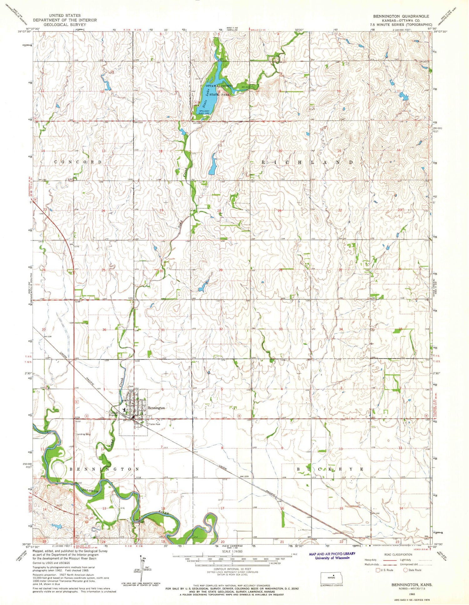 Classic USGS Bennington Kansas 7.5'x7.5' Topo Map Image