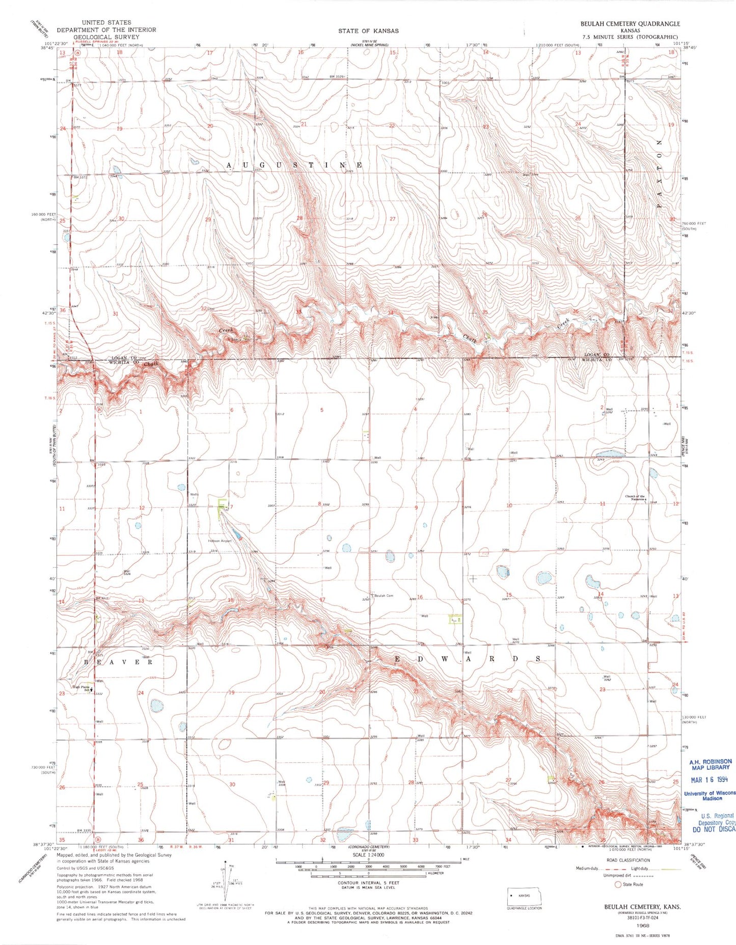 Classic USGS Beulah Cemetery Kansas 7.5'x7.5' Topo Map Image