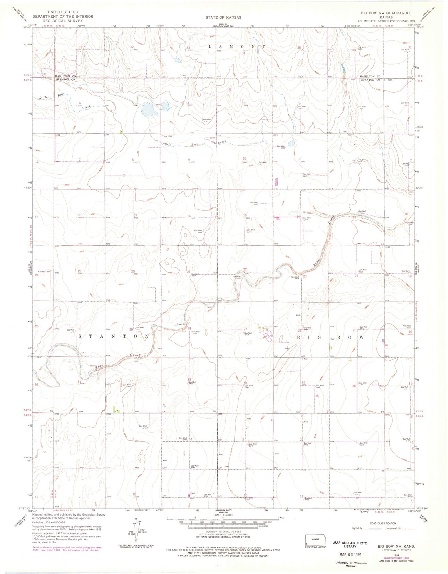 Classic USGS Big Bow NW Kansas 7.5'x7.5' Topo Map Image