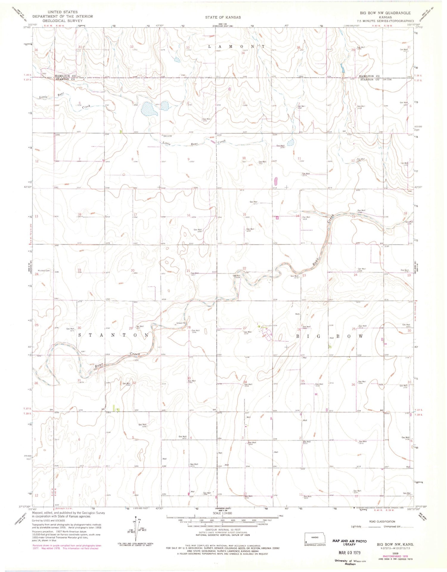 Classic USGS Big Bow NW Kansas 7.5'x7.5' Topo Map Image